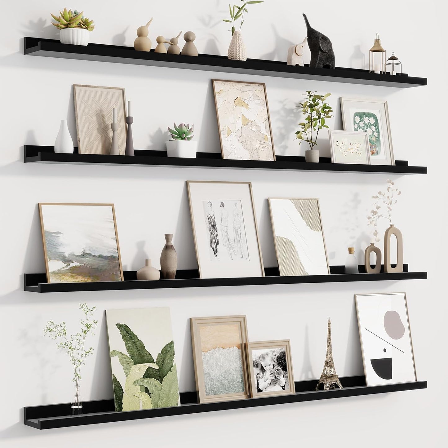 Picture Ledge Shelf for Wall, Floating Shelves Set of 4, 48 Inch Long Nursery Book Shelves for Toys Storage, Kids Bookshelf Wall Mounted for Books Photo Frames, Black