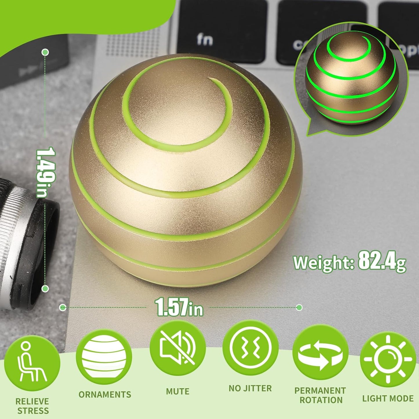 Fidget Spinner Kinetic Spin Metal Desk Toy Ball for Kids Adults, Luminous Full Body Optical Illusion Stress Relief Fidget Gyro Ball Gift for Boys Girls 4-12 5-10 3-12 (Gold)