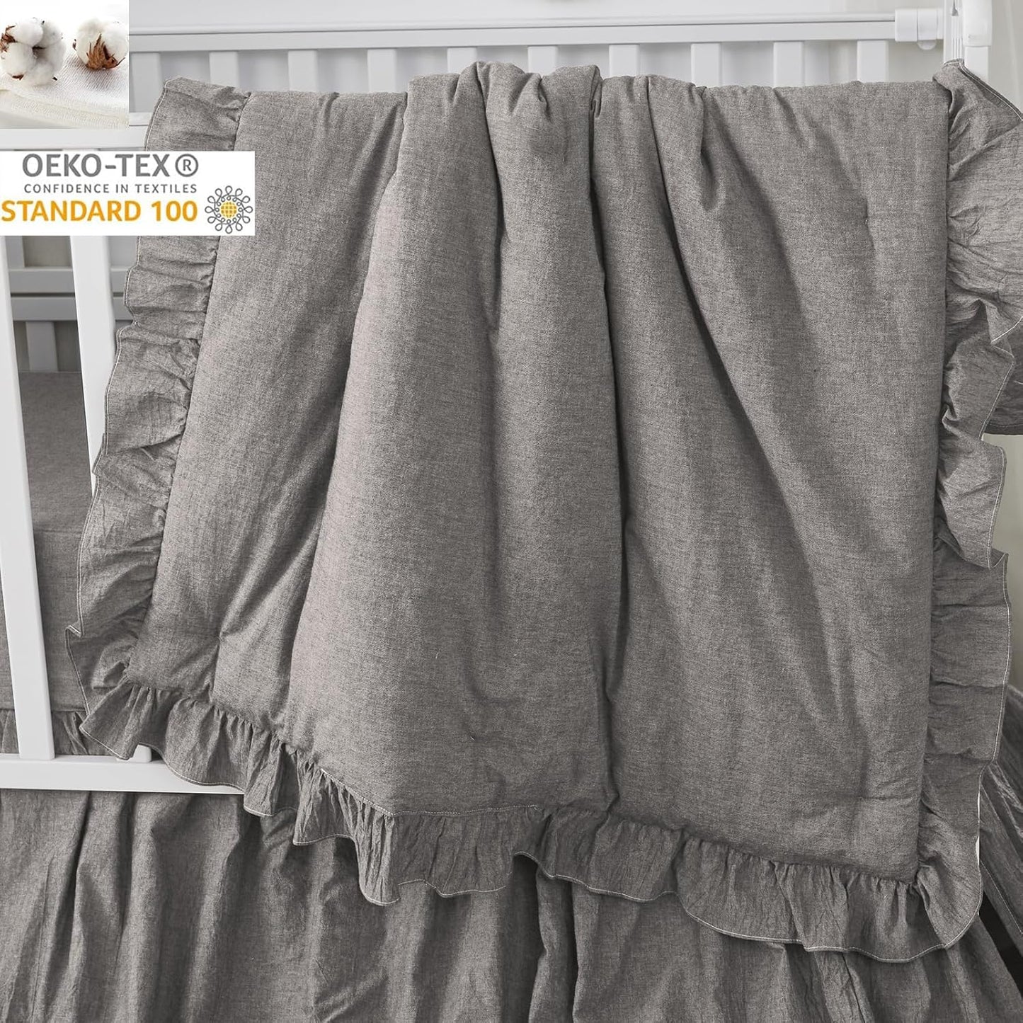 Brandream Crib Bedding Set 3 Pieces Ultra Soft 100% Cotton Bohemian Neutral Solid Grey Crib Comforter, Crib Sheet, Crib Skirt, Farmhouse Chic Ruffle Baby Girl Boys Nursery Bedding