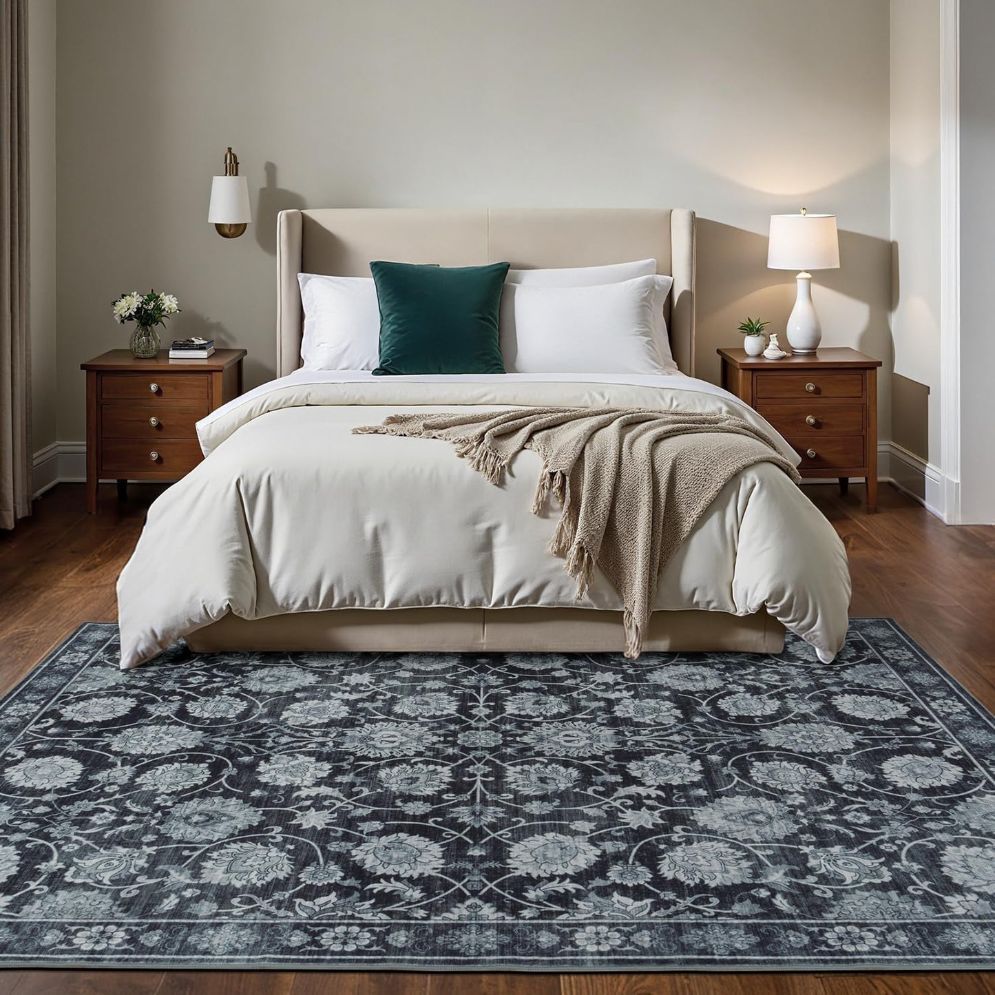 Area Rug 5x7 for Living Room & Bedroom, Large Washable Rugs, Soft & Non Slip, Vintage Carpet, Low Pile Wool Carpets for Indoor Under Table Dining Home Office Nursery Playroom, Black