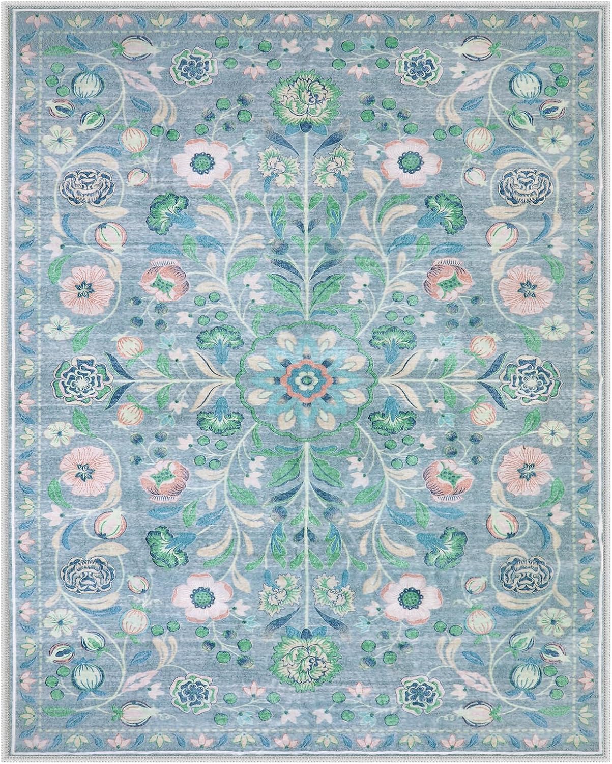 Anidaroel Blue Floral Rugs for Living Room 8x10, Washable Boho Area Rugs for Bedroom Vintage Soft Nursery Rug, Non-Slip Stain Resistant Dining Room Mat Carpet for Kids Playroom Office