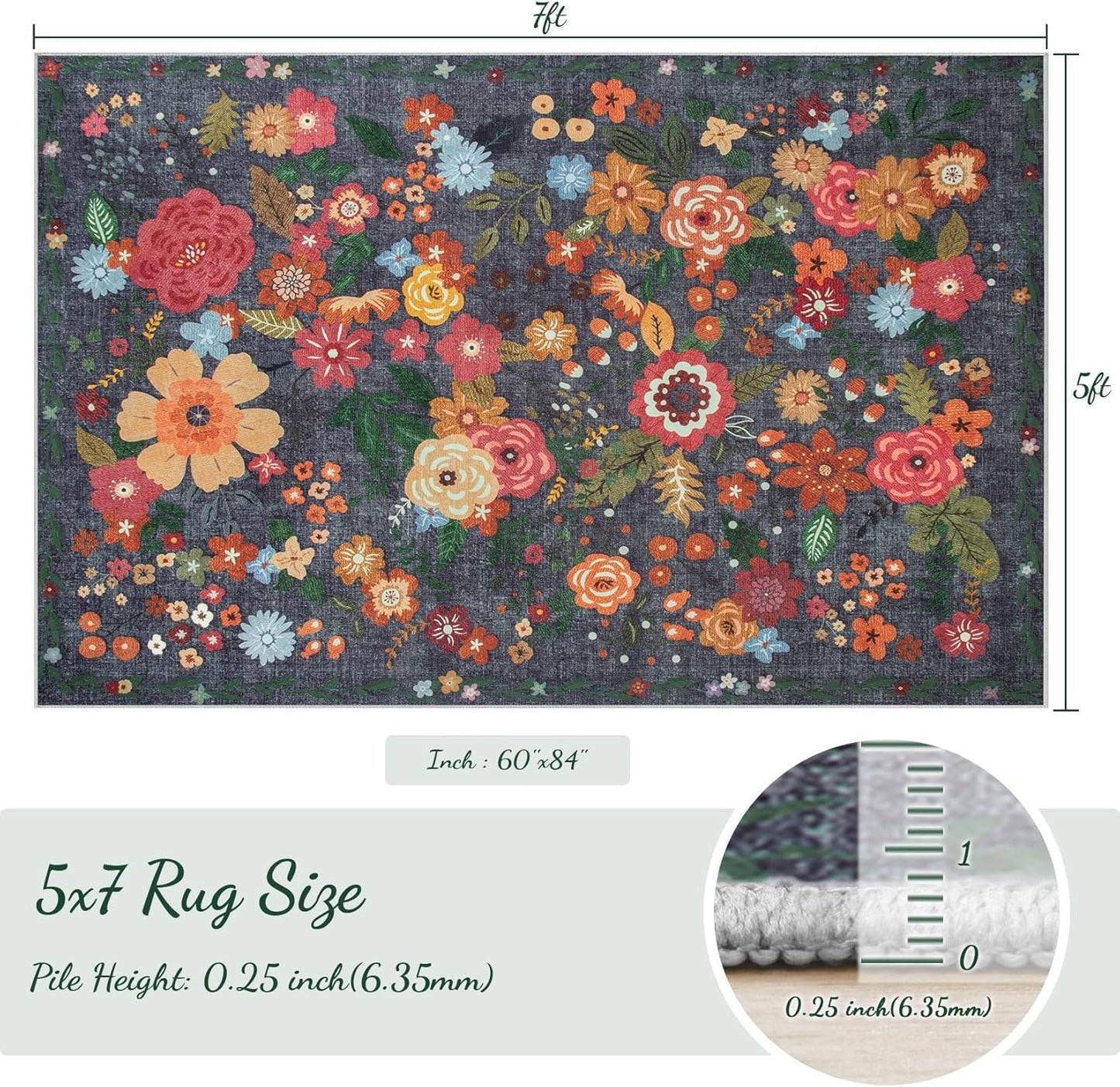 Area Rug Living Room Rugs: 5x7 Washable Rug Vintage Floral Soft Boho Non Slip Carpet Indoor Floor Non Shedding Low Pile Thin Carpets for Bedroom Dining Room Farmhouse Nursery Home Office Black