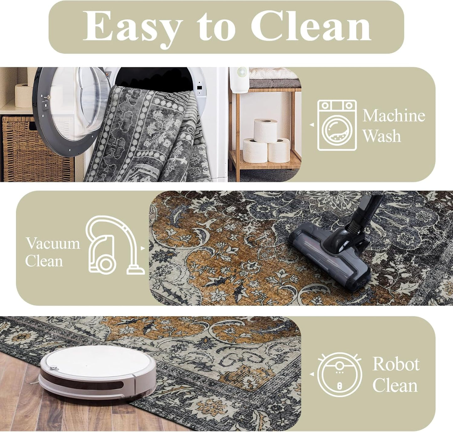 Washable Rugs 5x7 Area Rugs for Living Room, Thin Carpet for Bedroom, Soft Faux Wool Retro Dining Room Rug，Non Slip&Non-Shedding Resistant Low Pile Vintage Print Rug for Home Office (Tan/Gray)