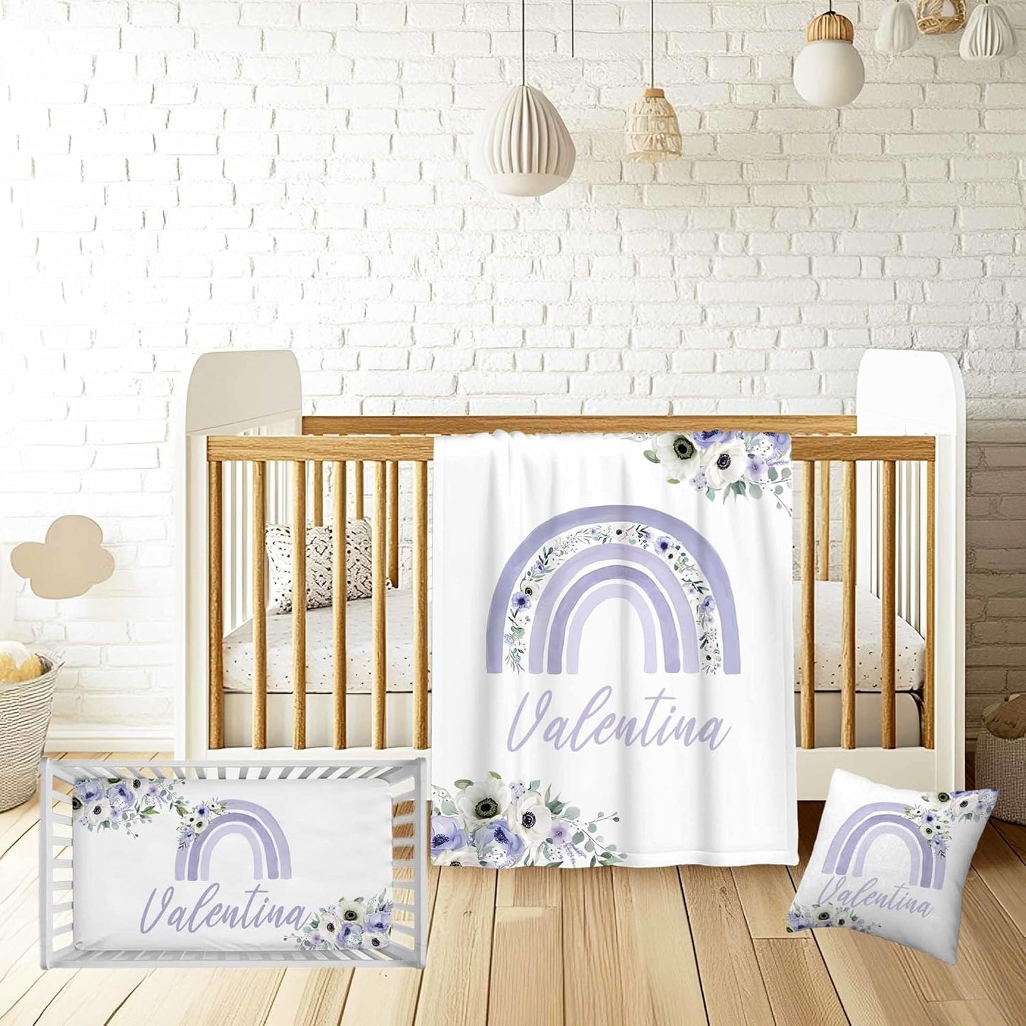 Baby Girl Crib Bedding Sets Personalized with Name – Custom 3-Piece Nursery Set, Rainbow with Floral Flannel Blanket, Crib Fitted Sheet & Pillowcase – Baby Newborn Infant Toddler Shower Gift