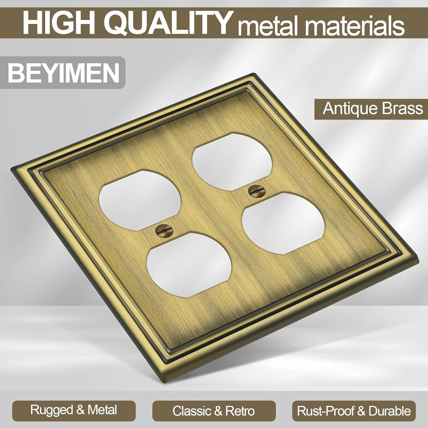 Metal Double Outlet Covers Wall Plate, Antique Brass Decorative Light Switch Plate 2 Gang Duplex Outlet Covers - Classic Style, 3 Pack