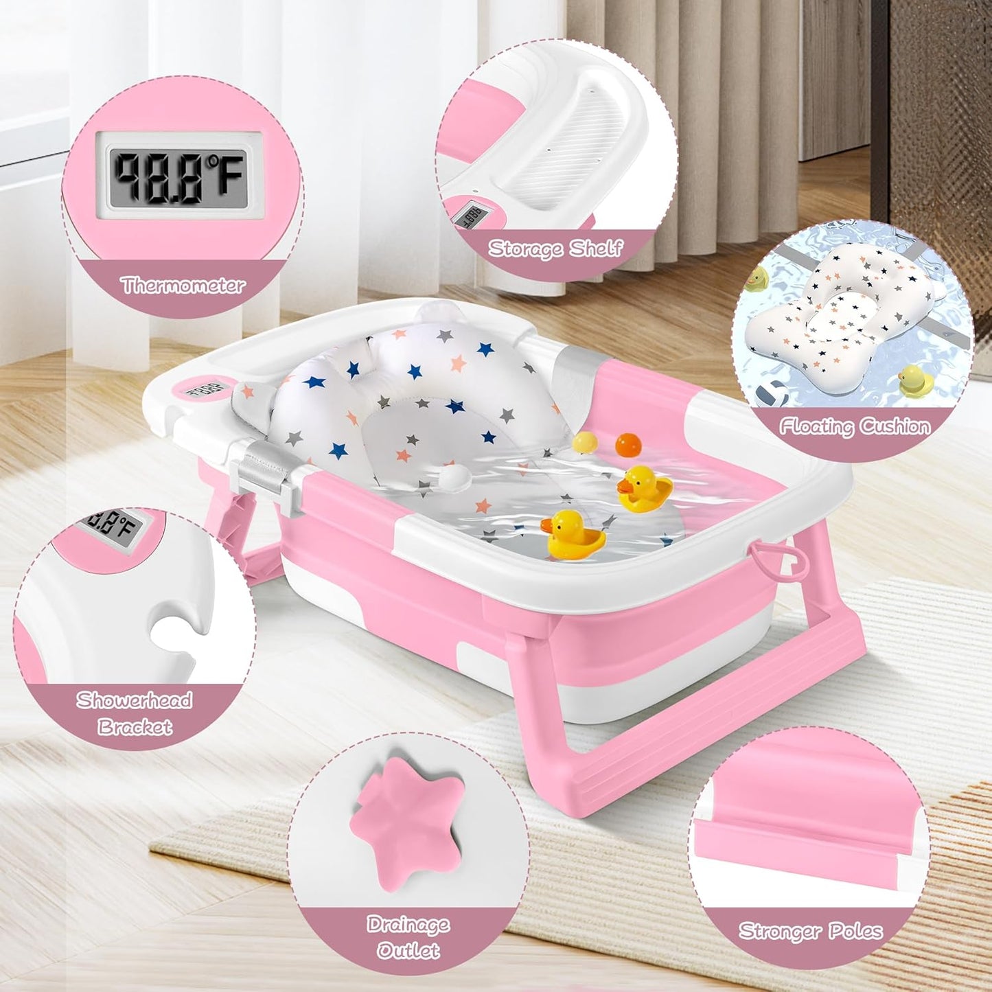 Collapsible Baby Bathtub,Baby Bath Tub with Thermometer & Soft Cushion,Baby Bathtub for Newborn to Toddler 0-36 Months,Portable Travel Baby Tub with No-Slip Feet,Baby Shower Gifts,Pink