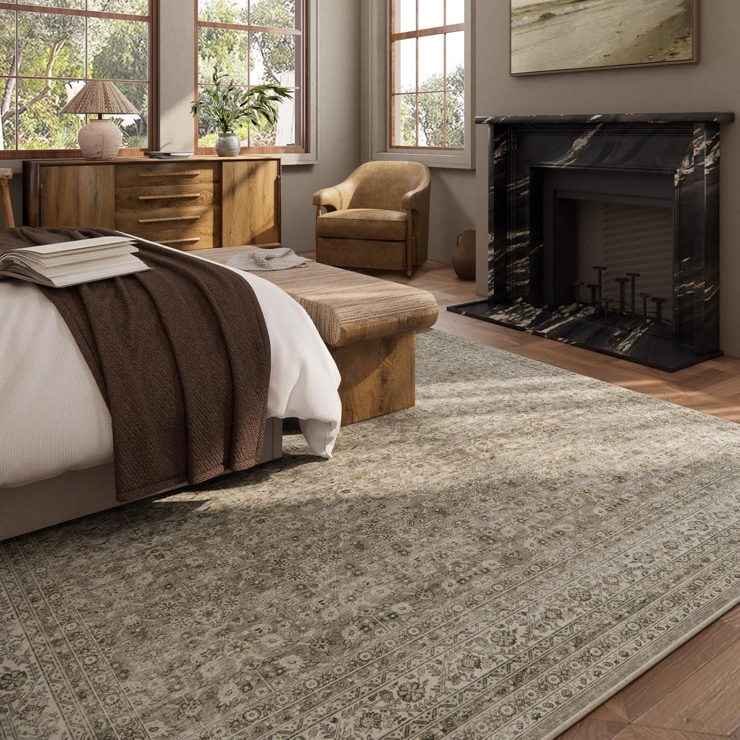 Washable Area Rugs for Living Room: 5x7 Bedroom Area Rug Boho Vintage Rugs Stain Resistant Non Slip Low Pile Soft Lightweight Carpet for Kitchen Dining Room Farmhouse Nursery Kids Room