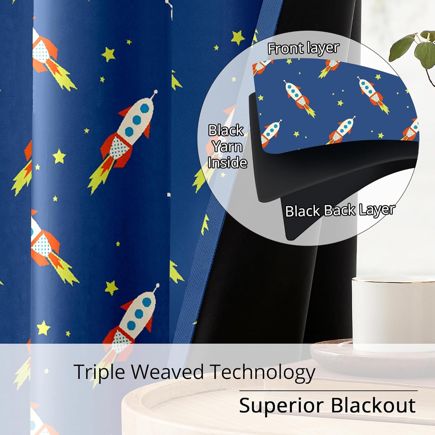 Kids Space Rocket Blackout Curtains - 100% Blackout, Thermal Insulated, Noise Reducing, Perfect for Kids Room and Nursery, 2 Panels (Rocket Blast-Off Repeat, W52×L84)