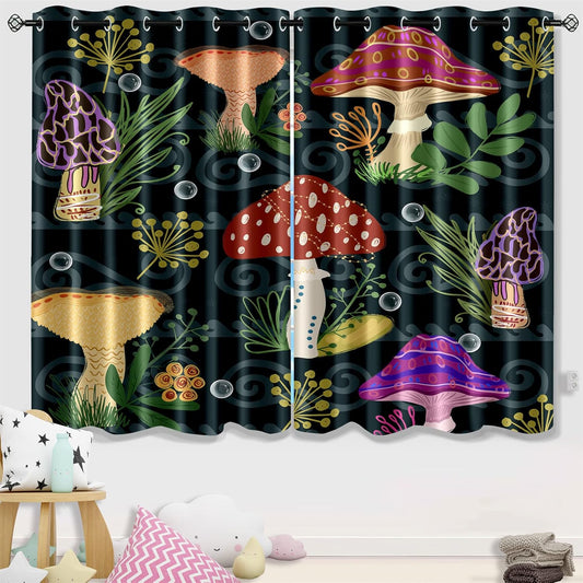 Mushrooms Curtains Panels for Kids Room Green Mushroom Blackout Curtains 63 inch Length for Kids Bedroom Living Nursery Room Grommet Top Thermal Insulated Curtains, 2 Pcs Panels, 82" x 63"