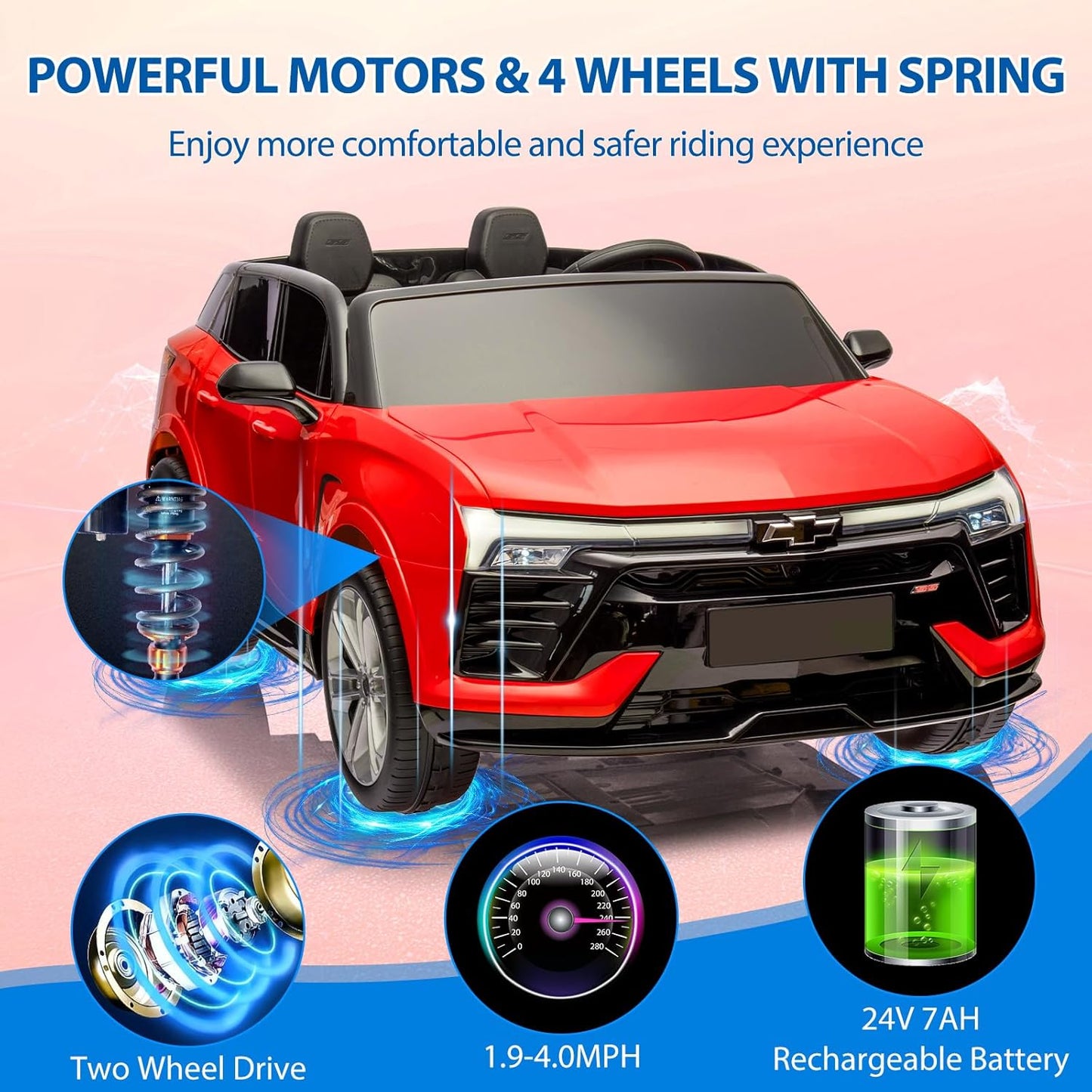 Hetoy 24V 2-Seater SUV Licensed Chevrolet Blazer Ride On Car Toy w/Parent Remote Control, 3 Speeds, Wireless Music, MP3 Player, Electric Car for Kids Ages 3-8, RED