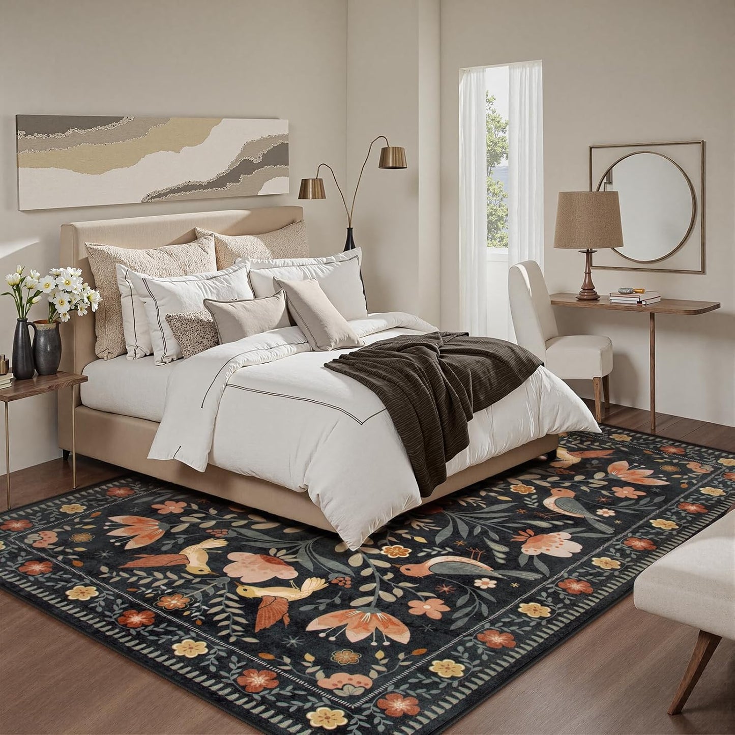 Moynesa Boho Bird 5x7 Area Rugs for Living Room, Black Floral Living Room Rug 5x7 Washable Low-Pile Bedroom Rug Non Slip, Vintage Soft Jungle Animal Floor Carpet for Nursery Playroom