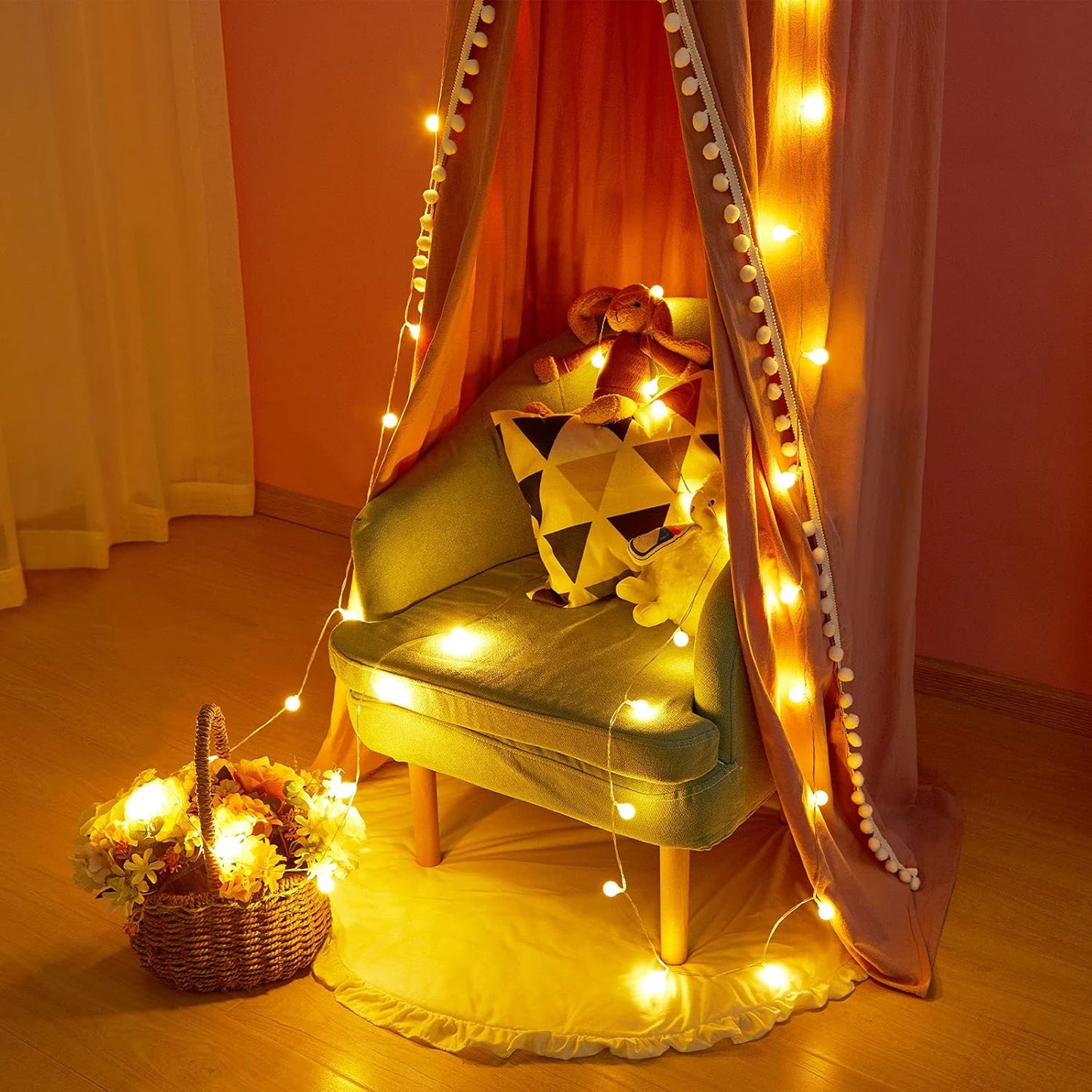 Bed Canopy with Pom Pom for Kids Crib Baby Girl Netting Cover Canopy Crib Curtain Reading Nook Hanging Tent Nursery Play Game Castle Room Decoration (Pink)