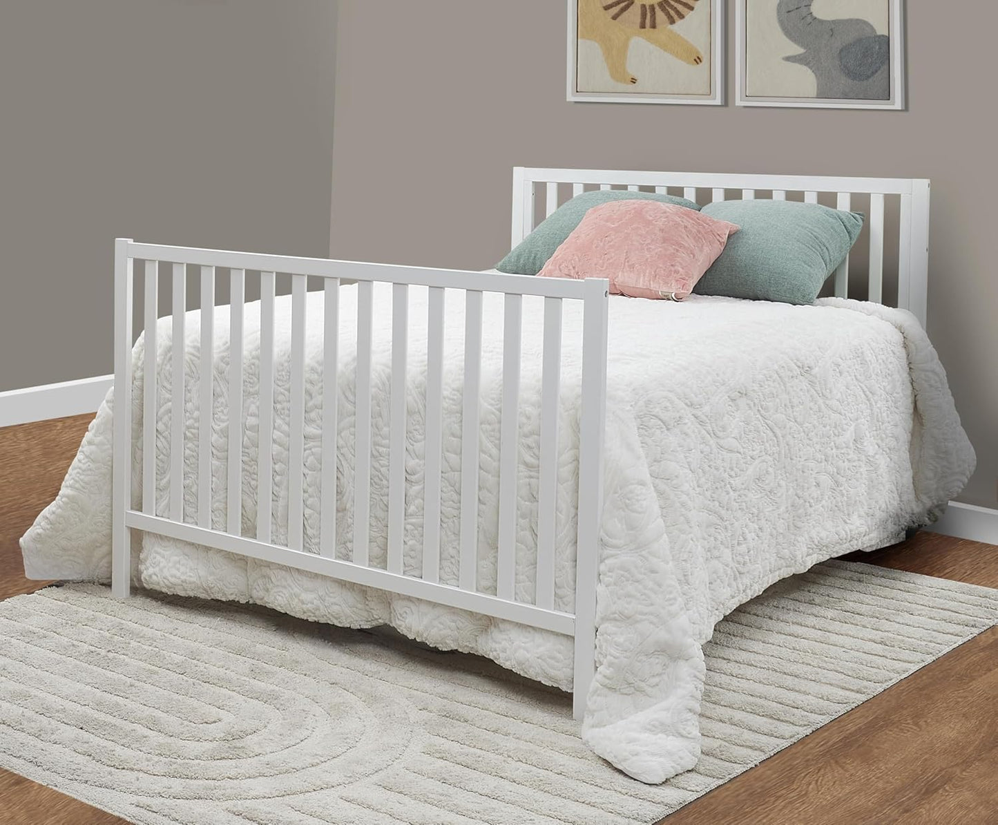 Sorelle Essex Euro 4-in-1 Convertible Crib & Changer – Nursery Furniture Set, Wooden Baby Crib with Non-Toxic Finish, Integrated Changer, Toddler Bed, Daybed, and Full-Size Bed Conversion Kit – White