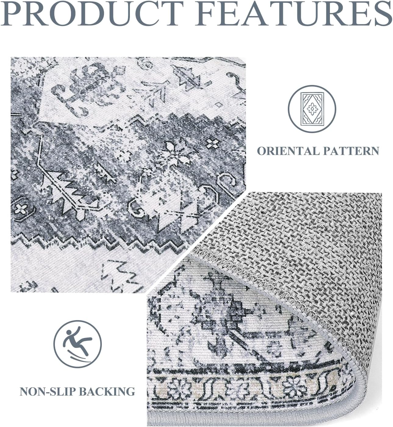 Lahome Boho Round Rugs - 4Ft Washable Non-Slip Small Round Area Rug for Bedroom Grey Lightweight Round Throw Rug, Oriental Distressed Print Indoor Circle Rugs for Bedroom Entryway Bathroom Kitchen