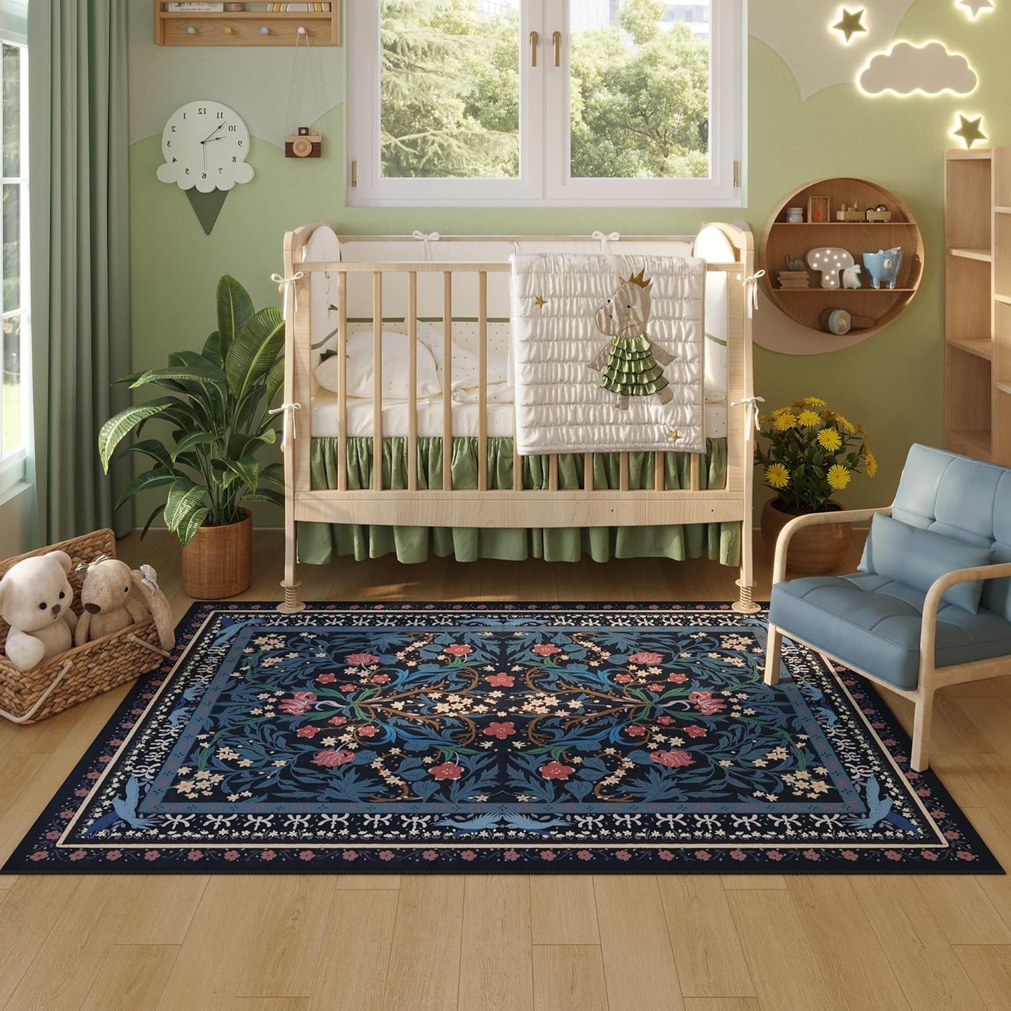Area Rug 4x6 Rug Washable Vintage Floral Botanical Rugs Non Slip Low Pile Small Carpet for Bedroom, Bedside, Kids Room, Office, Dining Room, Blue