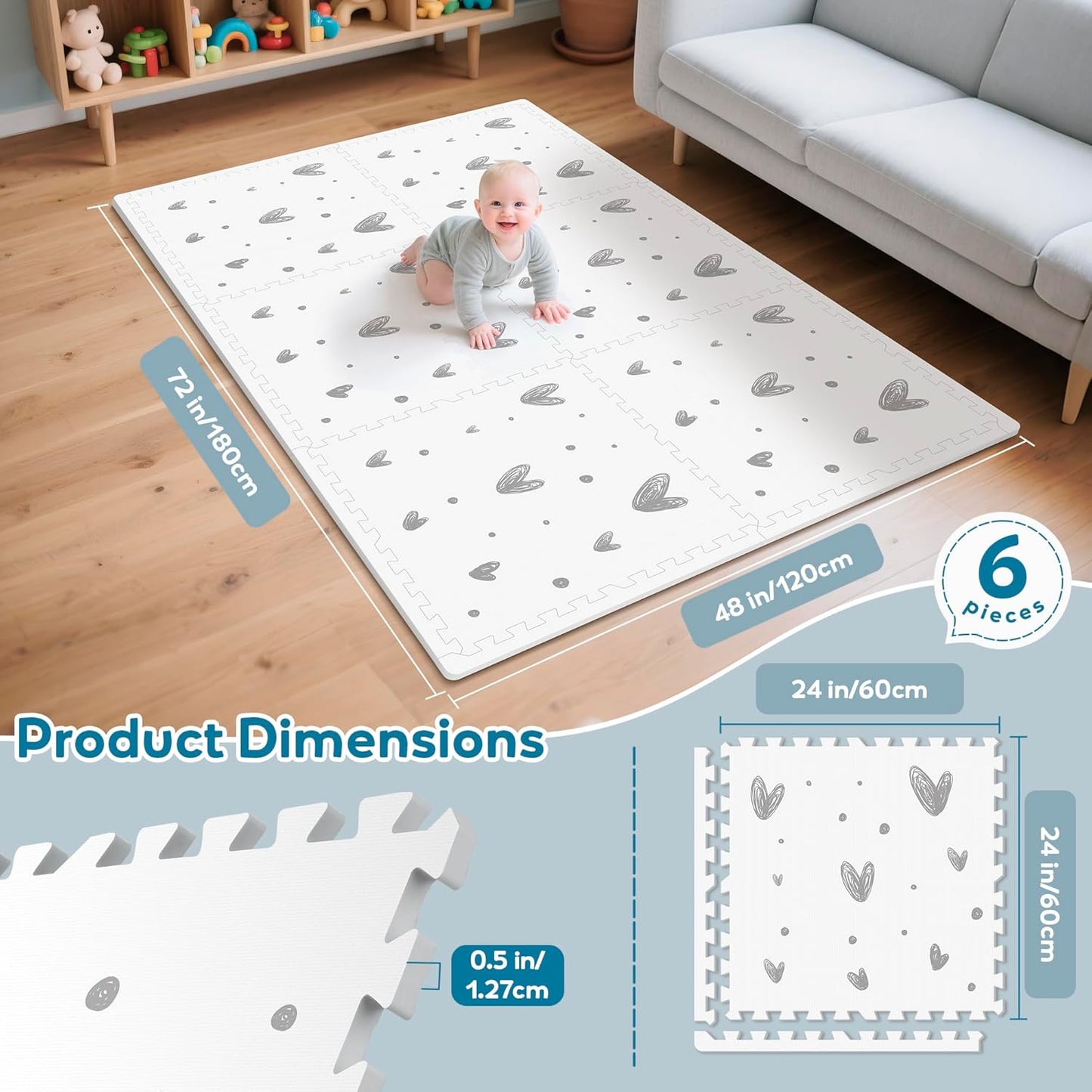 XL Baby Play Mat-72”x 48” Puzzle Play Mat,with 6 Foam Floor Tiles,Interlocking Foam Baby Mat for Babies&Toddlers,Waterproof,Expandable Tiles with Edges,Tummy Time Mat(Love)