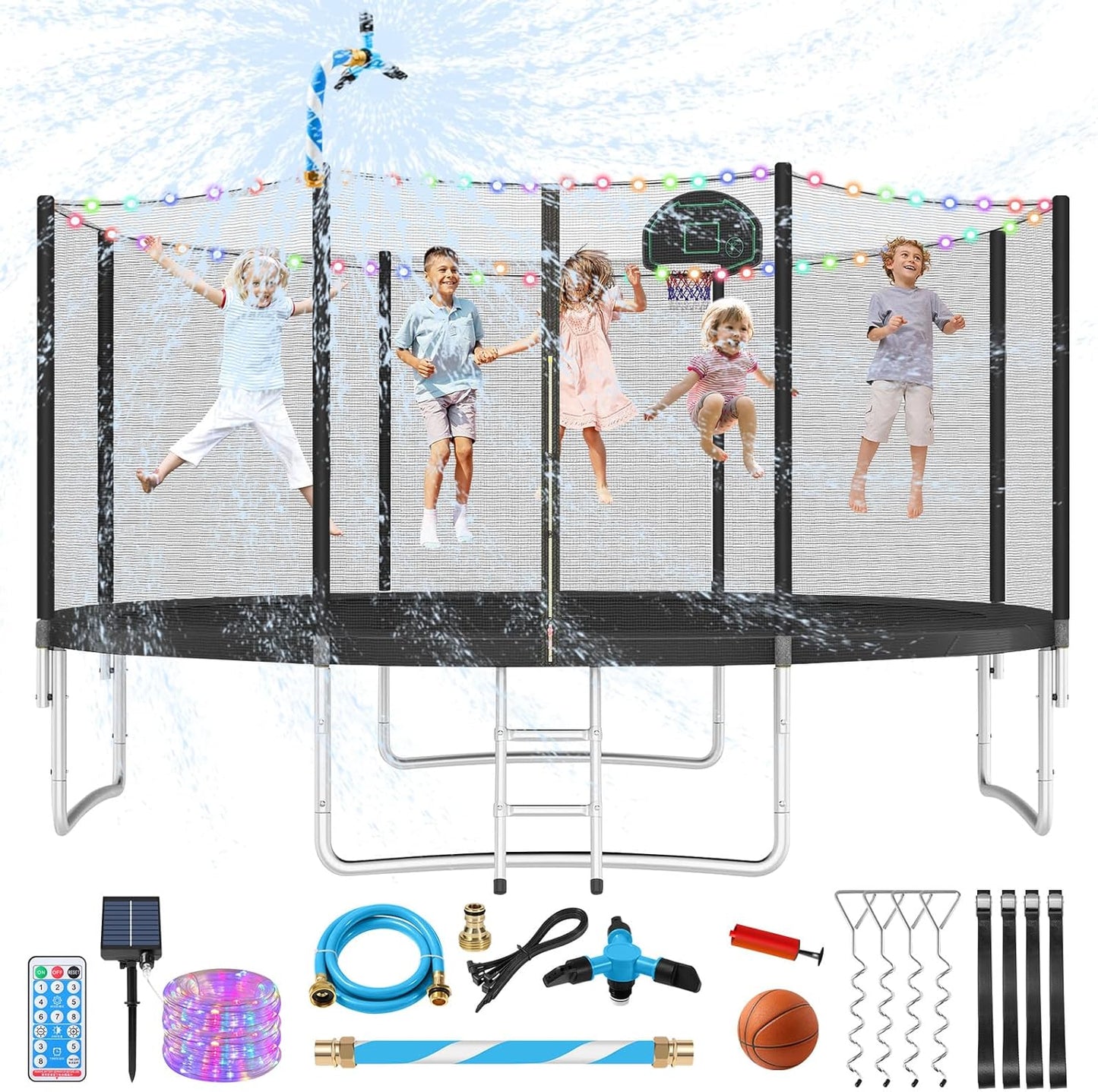 Upgraded 10/12/14/15/16FT Trampoline Outdoor, Large Kids Trampoline with Light, Stakes, Sprinkler, Backyard Trampoline with Basketball Hoop and Net, Capacity for 4-6 Kids and Adults
