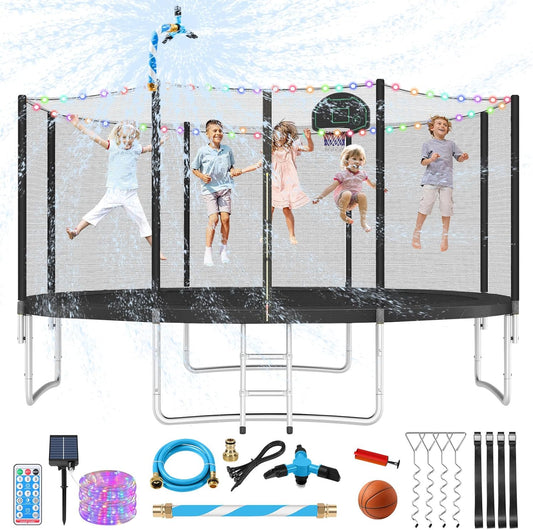 Upgraded 10/12/14/15/16FT Trampoline Outdoor, Large Kids Trampoline with Light, Stakes, Sprinkler, Backyard Trampoline with Basketball Hoop and Net, Capacity for 4-6 Kids and Adults