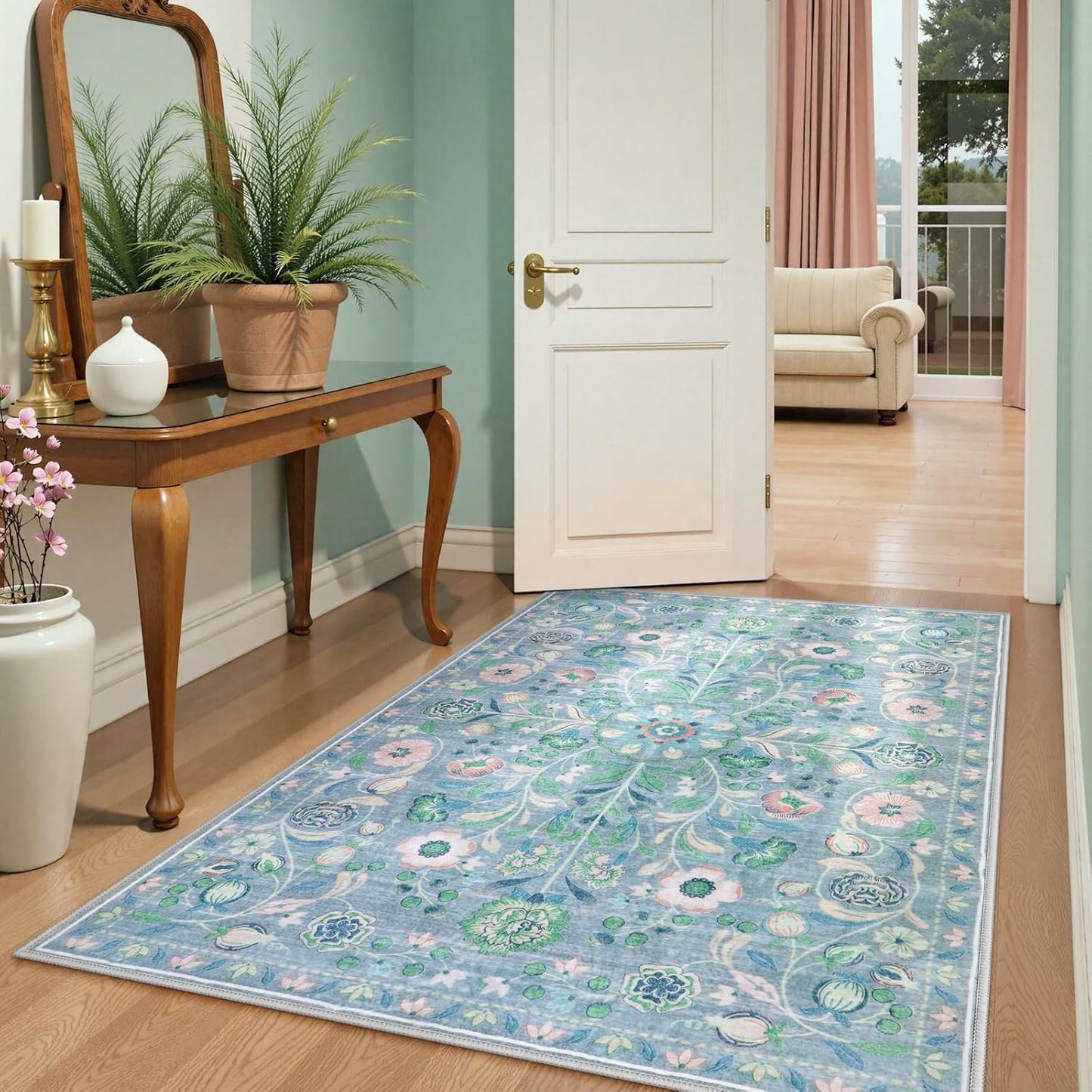 Anidaroel Floral Washable Rugs for Bedroom, 5x7 Boho Area Rugs for Living Room Vintage Distressed Soft Rug, Stain Resistant Non-Slip Throw Rugs Nursery Rugs for Kids Room Dining Room, Blue/Multi