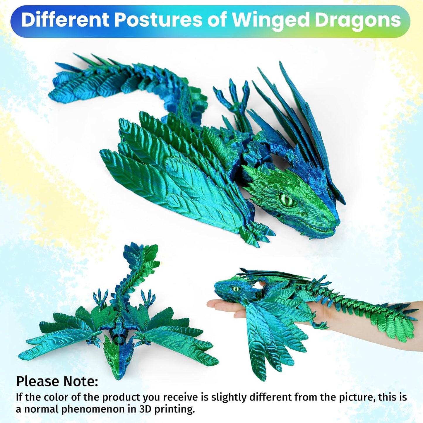 3D Printed Dragon with Wings, Feathered Wyvern Dragon,Full Articulated Crystal Dragon Fidget,Realistic Large Pet Dragon, Flexible Shoulder Dragon Stuff, 3D Printed Animals Toy.