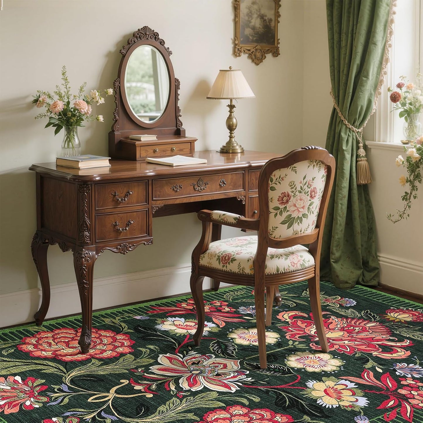 GarveeHome Forest Green Floral Botanical Washable Rugs 5x7 Area Rug for Living Room, Vintage Boho Cottage Throw Rugs Low Pile Carpet for Bedroom Dining Nursery Rug