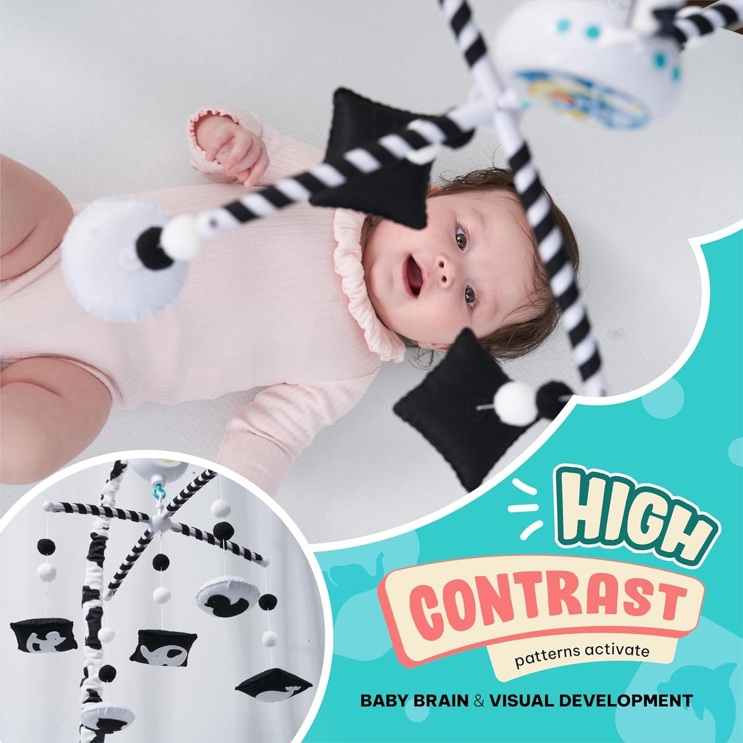 EVERLOVE Montessori Mobile Baby for Crib (TINITIGIES) - Digital Music Box with 12 lullabies & 3 Modes (Rotating only, Music only, or Both) - Black and White Baby Mobile for Boys & Girls