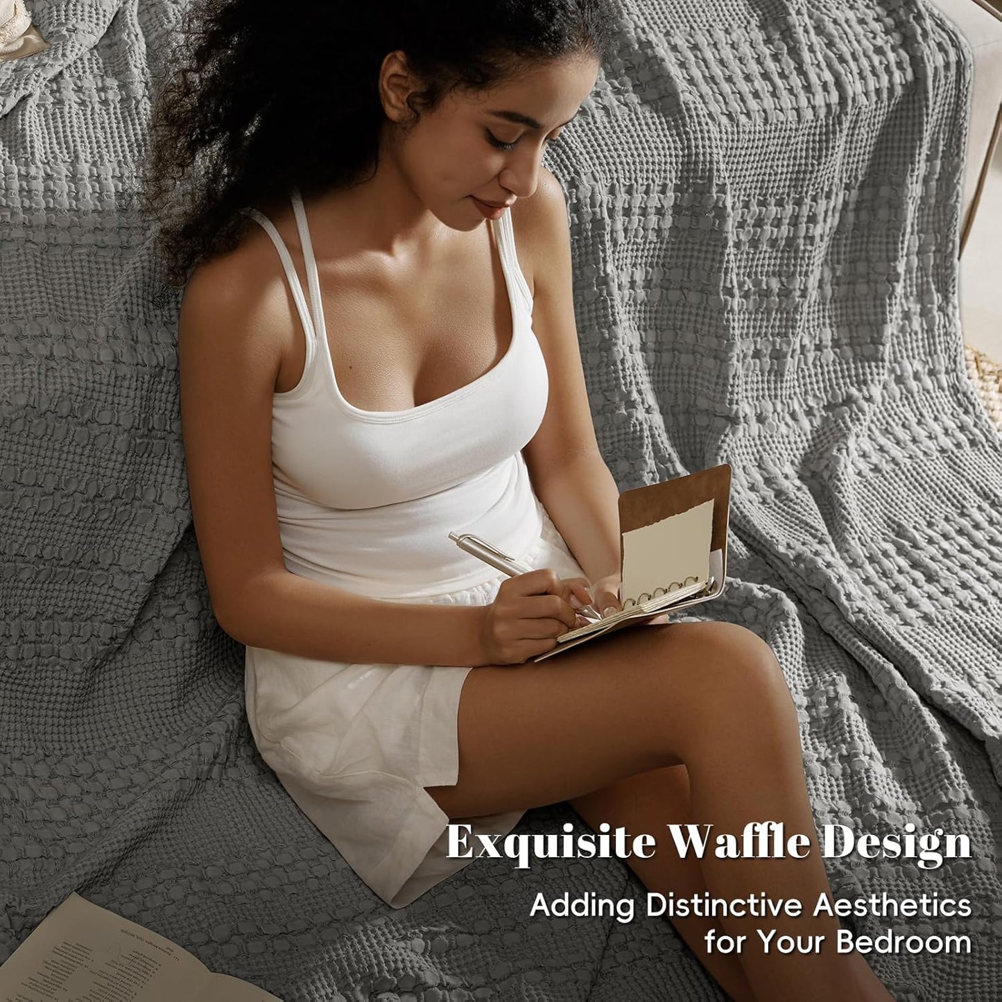 PHF 100% Cotton Waffle Weave Blanket Queen Size, Soft Lightweight Breathable Cozy Summer Blankets for Bed, Luxury Aesthetic Woven Bedding for Home Decor, 90"x90", Dark Grey