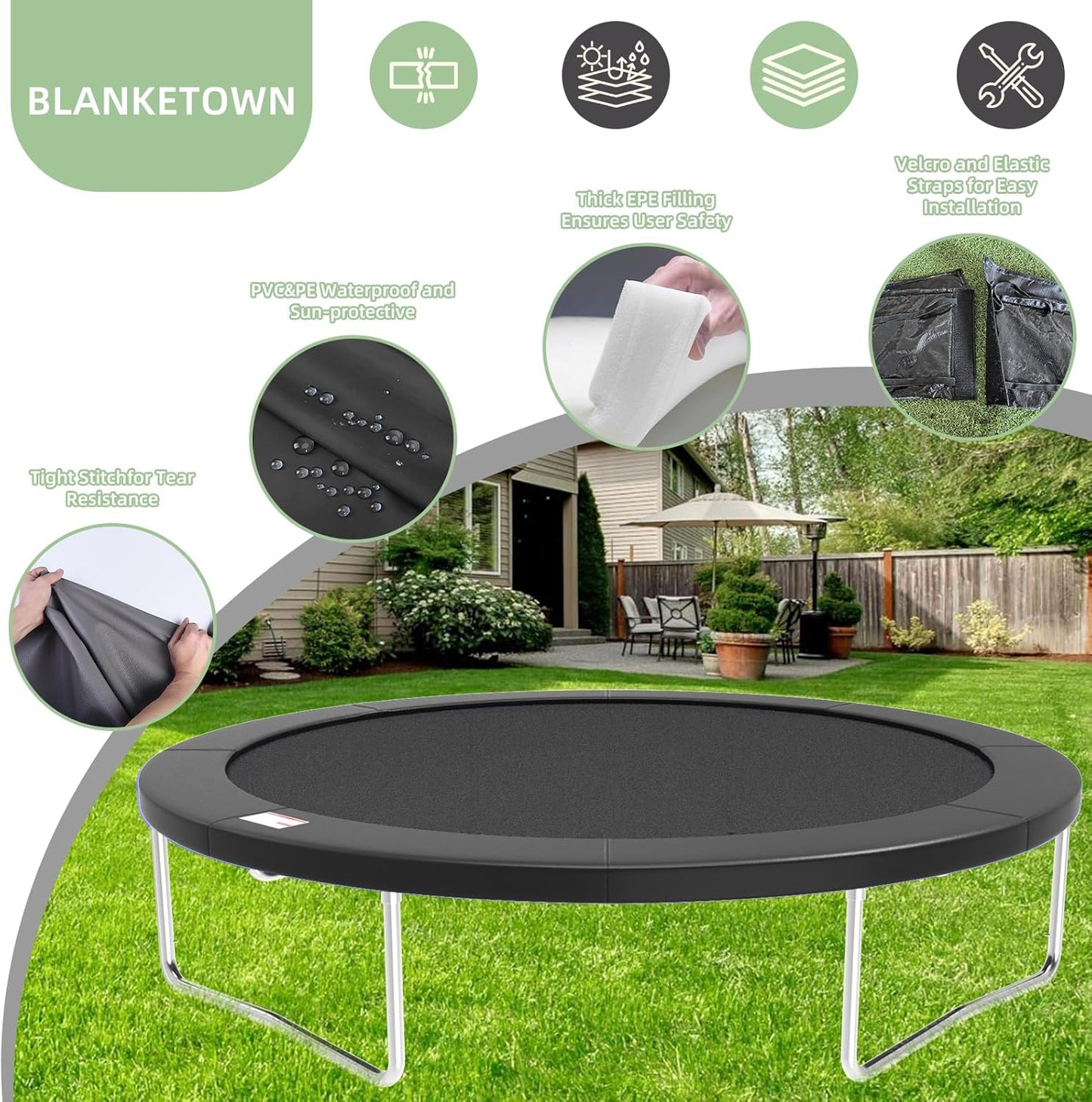 Trampoline Spring Cover, 10ft/12ft/14ft/15ft/16ft Trampoline Replacement Safety Pad, Waterproof Trampoline Accessories Pad for Round Frame