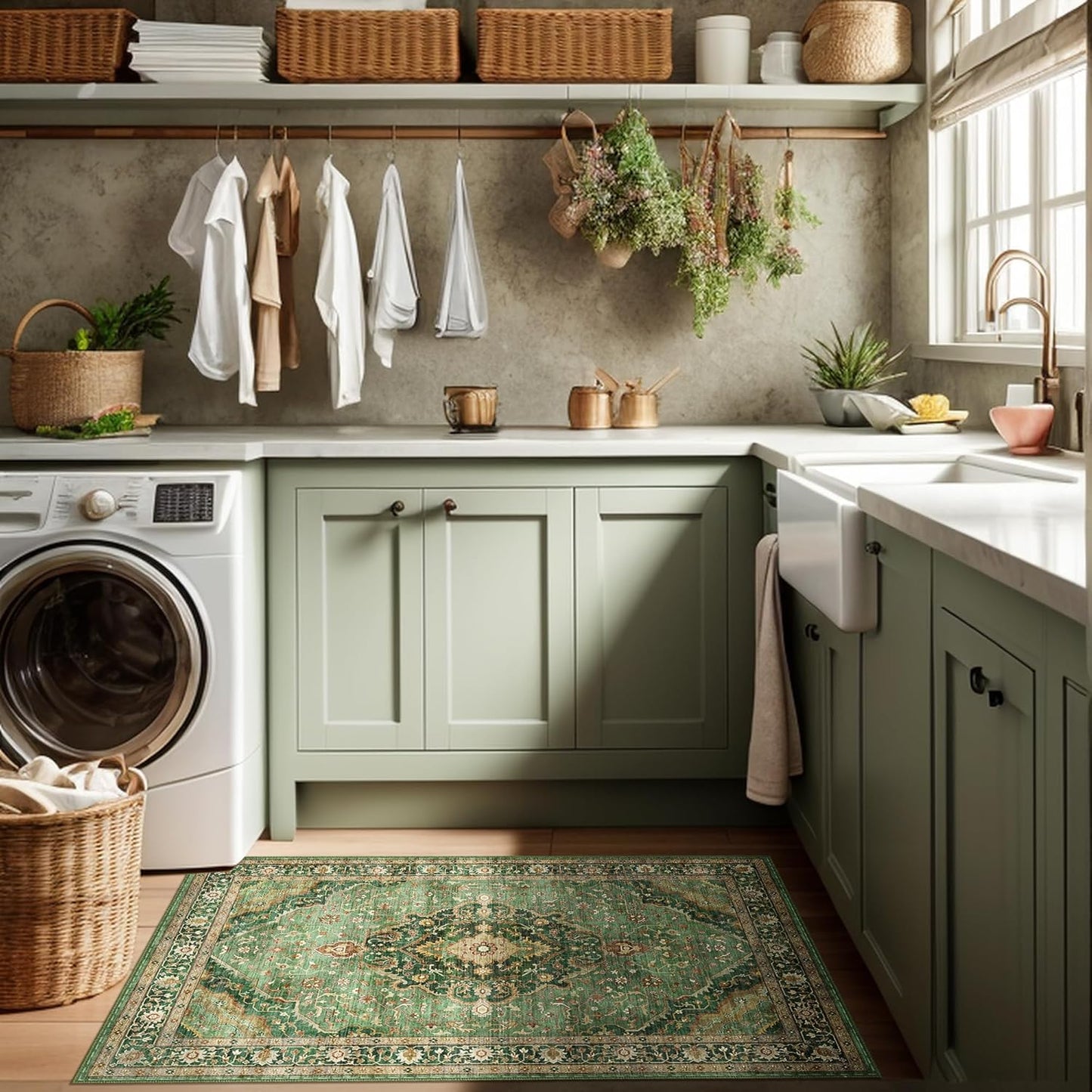 Green Runner Rug 2x4 Rugs Boho Small Washable Runner Rugs for Entryway Bathroom Kitchen, Small Rugs Soft Low Pile Non-Slip Rubber Backing Oriental Door Mat