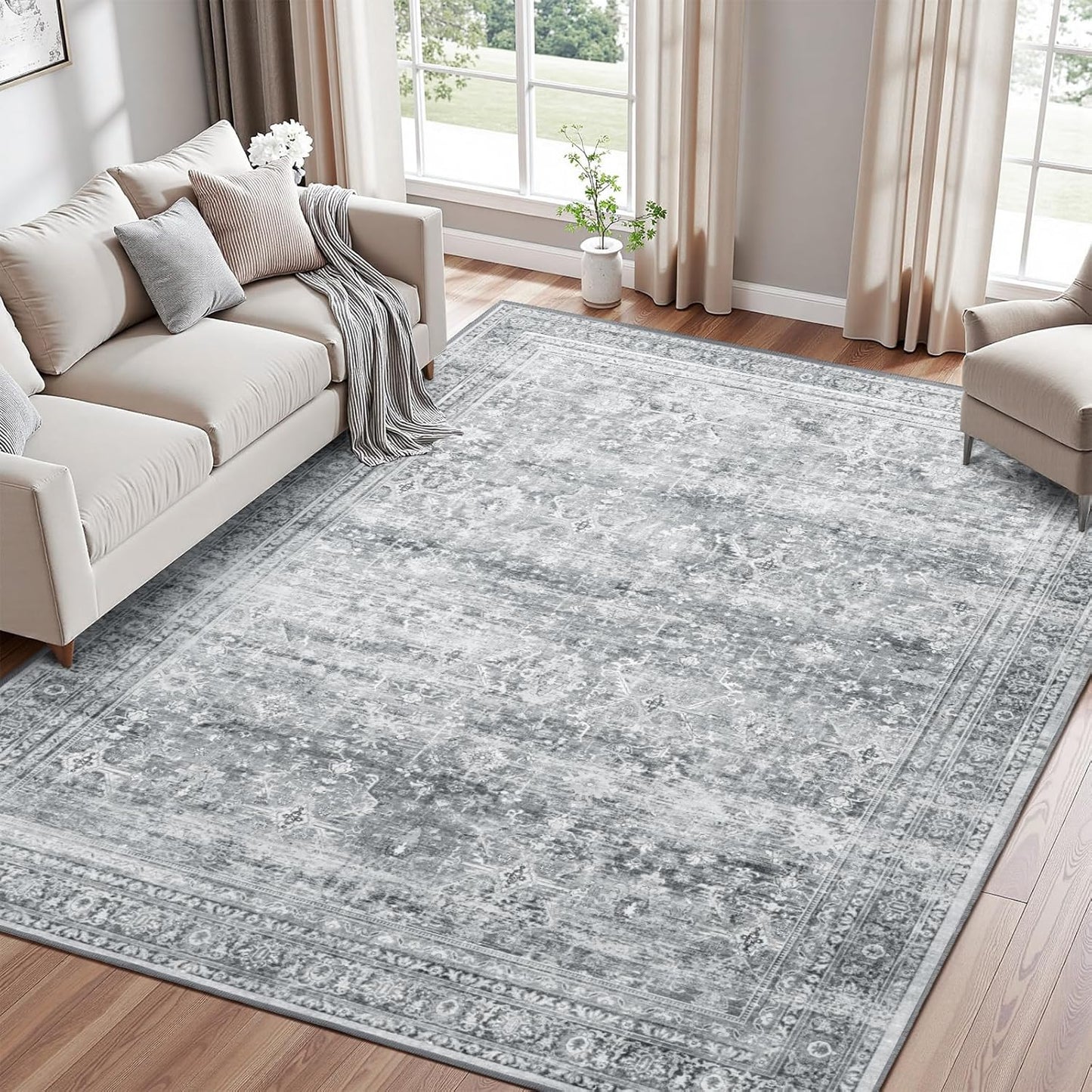 Lofus 6x9 Area Rug for Living Room,Grey Washable Area Rugs with Non-Slip Backing,Soft Neutral Carpets for Bedroom Dining Room Home Office Indoor Nursery