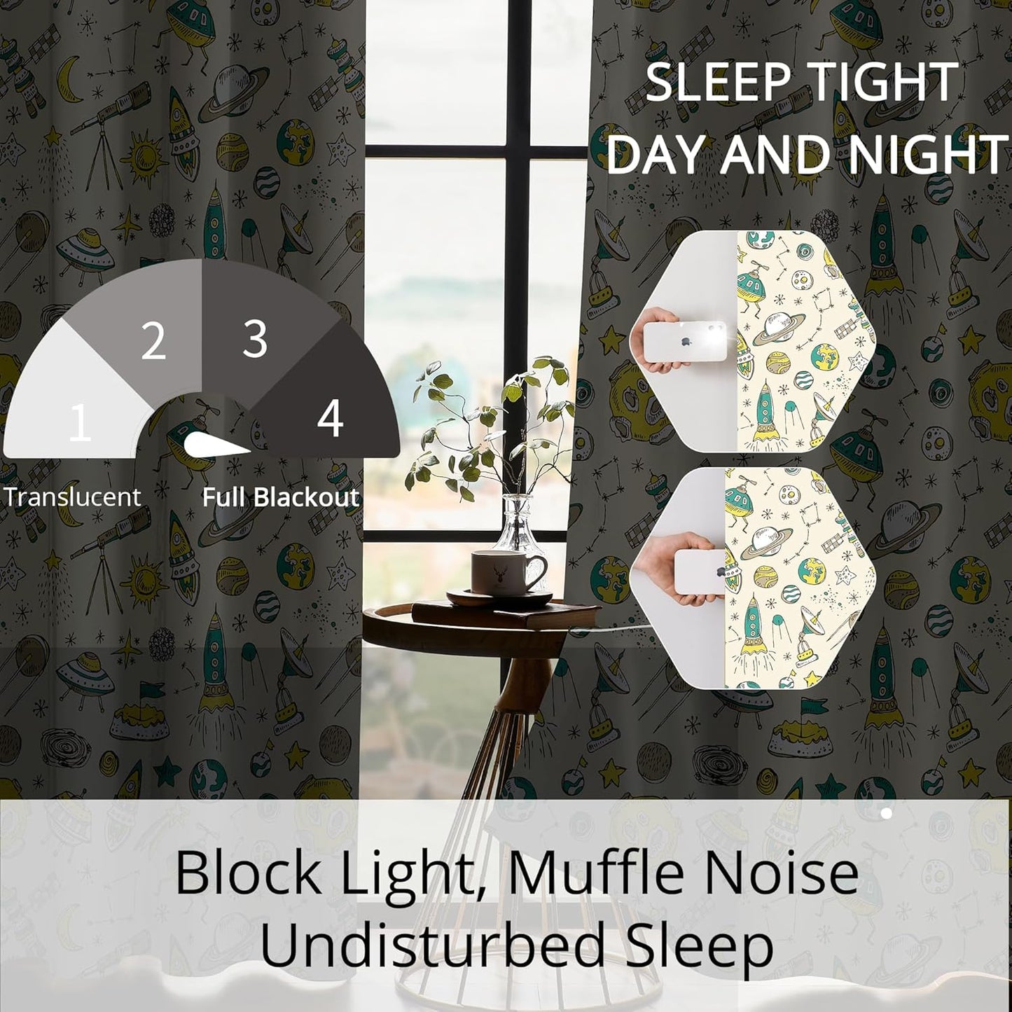 Kids Space UFO and Rocket Blackout Curtains - 100% Blackout, Thermal Insulated, Noise Reducing, Perfect for Kids Room and Nursery, 2 Panels (Space Explorer Sketchbook, W52×L84)