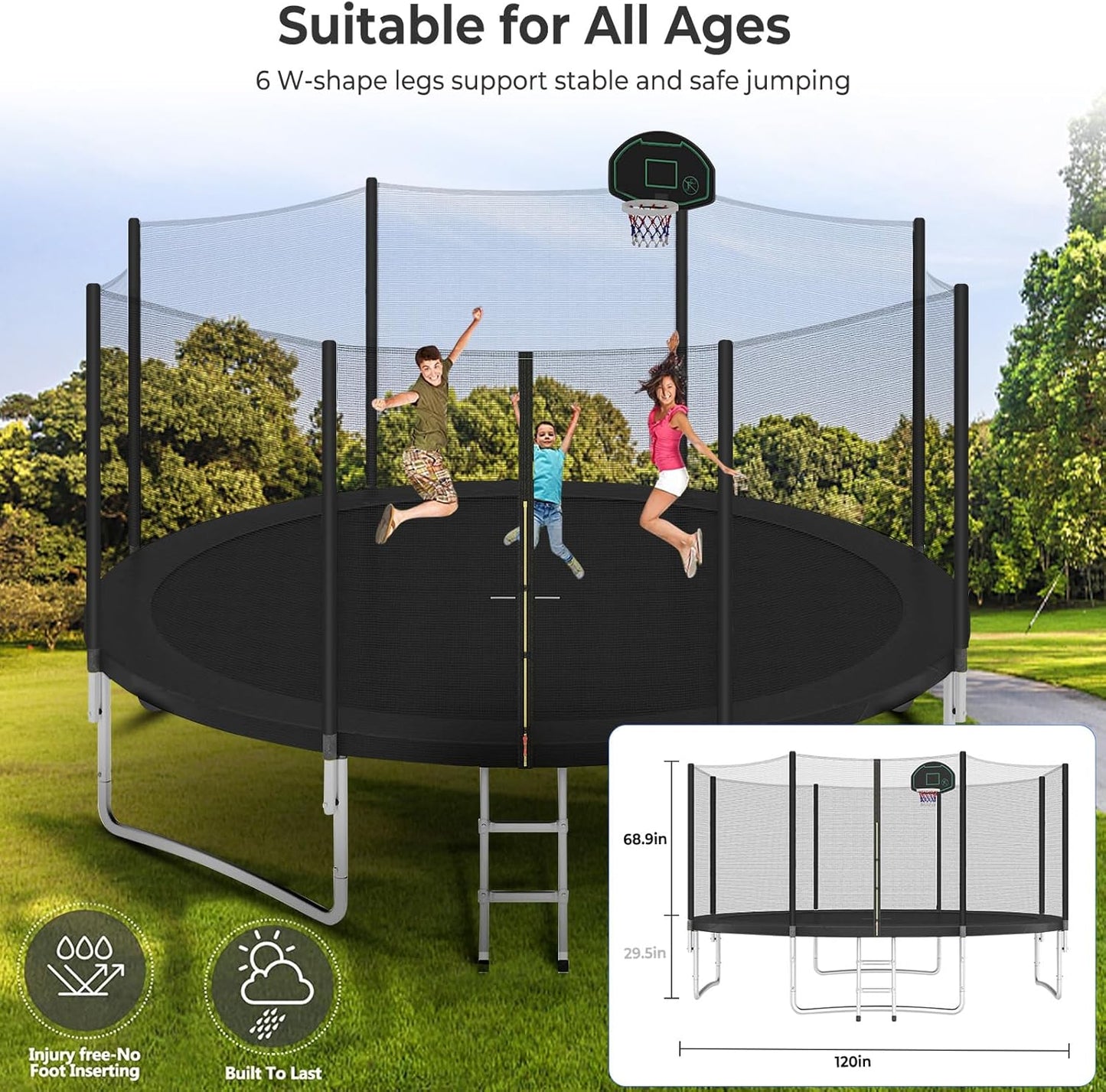 Upgraded 10/12/14/15/16FT Trampoline Outdoor, Large Kids Trampoline with Light, Stakes, Sprinkler, Backyard Trampoline with Basketball Hoop and Net, Capacity for 4-6 Kids and Adults
