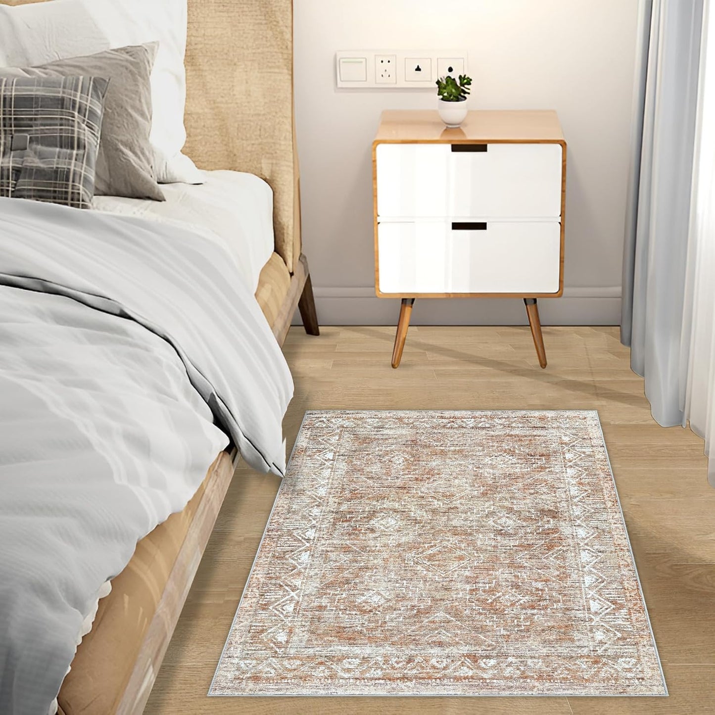 Moroccan Area Rug 2x3 - Washable Distressed Entryway Rug Non-Slip Small Rug, Soft Low-Pile Geometric Farmhouse Indoor Door Mat Floor Carpet for Entrance Bedroom Kitchen Bathroom (2 x 3, Brown)