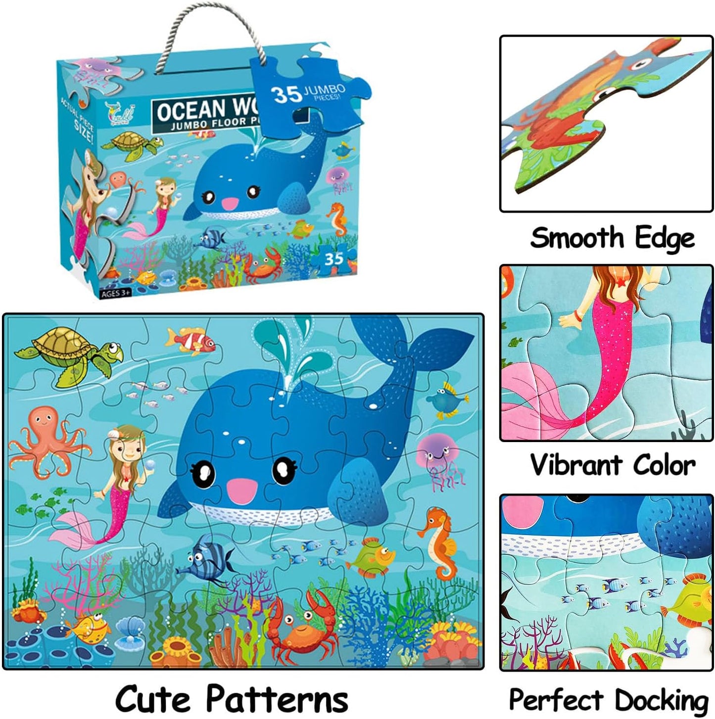 Jumbo Floor Puzzle for Kids, Large Jigsaw Puzzles 35 Piece for Kids Ages 3-5,Preschool Learning & Education Toys, Gifts for 4-8 Year Old Boys and Girls (Marine Animals)