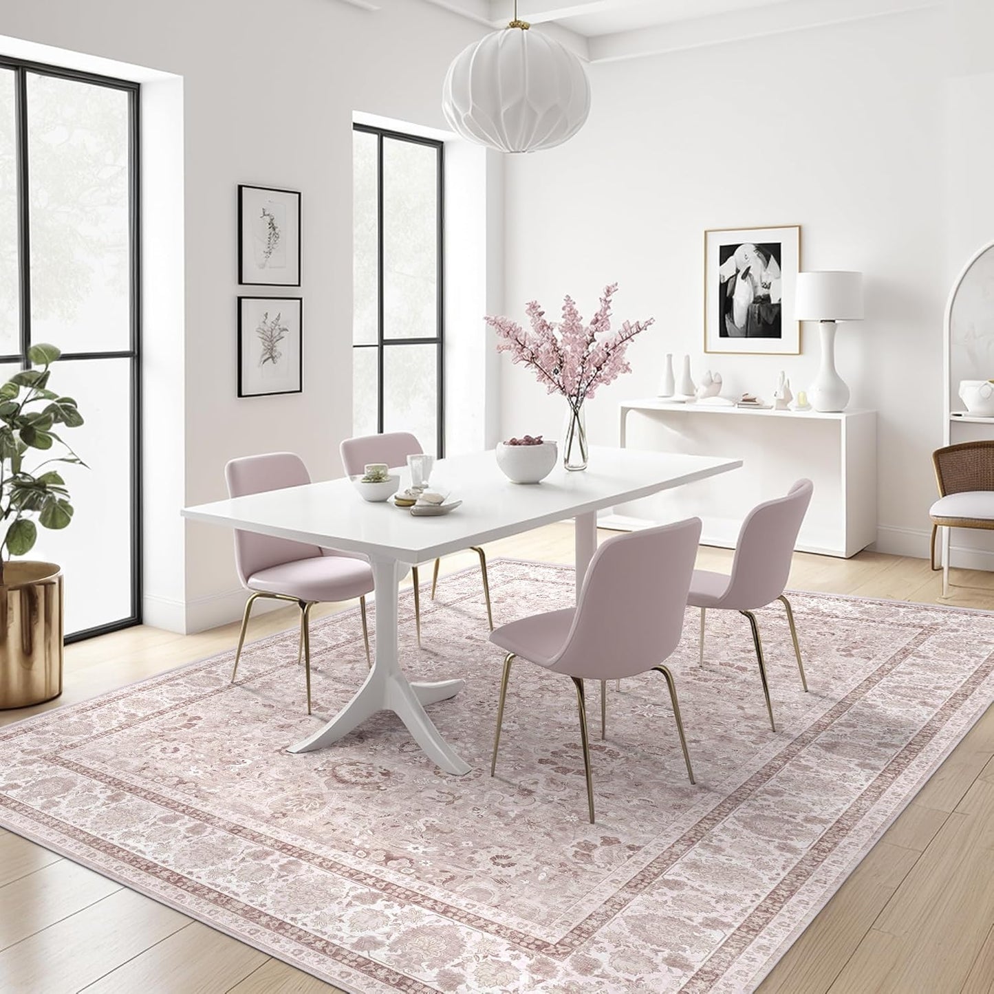 Pink Nursery Rug Large Area Rugs for Living Room Vintage Rug Boho Floral Washable Area Rugs 8x10 Indoor Carpet for Bedroom Dining Room Kids Room