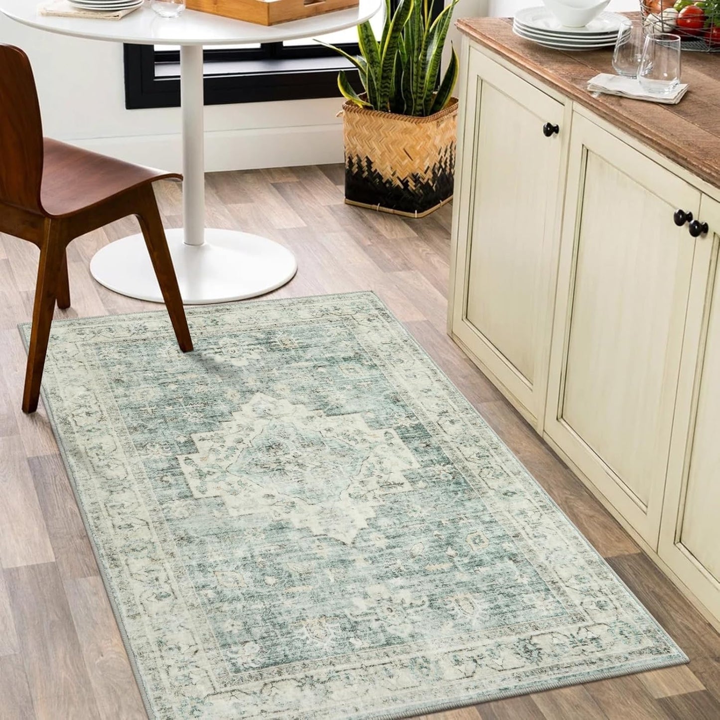 LIVEBOX Entryway Rug 3x5 Washable Area Rugs for Kitchen Bathroom, Non-Slip Front Door Mat for Bedroom, Boho Low-Pile Carpet Farmhouse Throw Indoor Mats for Bath Laundry Room, Sage Green