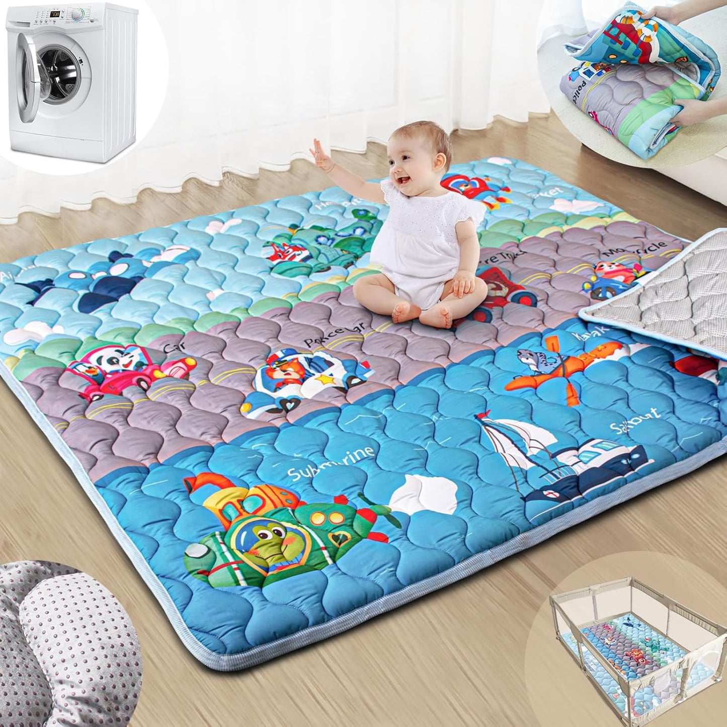 Baby Play Mats for Floor, 71”x59” Upgraded Thickness & Larger Super Soft Playmat for Babies and Toddlers, Foldable Washable, Upgrade Anti-Slip Crawling Mat for Playpen(Vehicles)