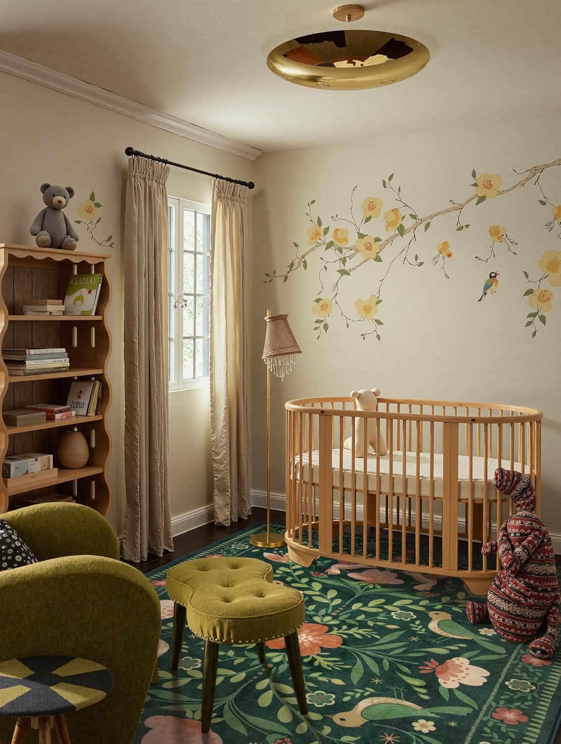 Moynesa Boho Bird 5x7 Area Rugs for Living Room, Washable Green Rug Jungle Floral Bedroom Rug, Low-Pile Soft Vintage Floor Carpet Non-Slip for Dining Room Playrom Living Room