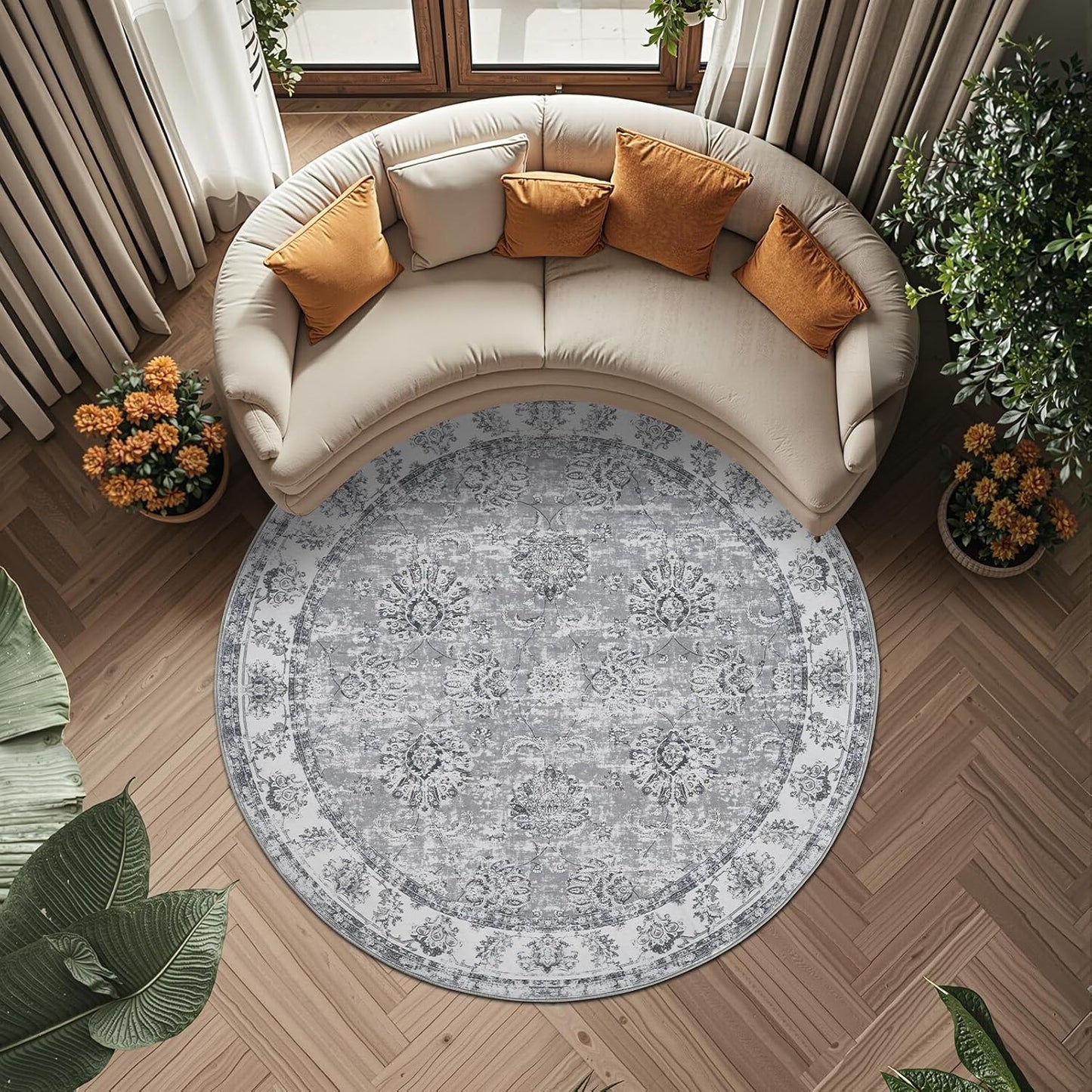 jinchan Round Rug 6ft Area Rug - Grey Vintage Floor Mat Kitchen Indoor Ultra-Thin Soft Floral Print - Washable Circle 6' Retro Accent for Farmhouse Non Slip Dining Room Living Room Bedroom Office
