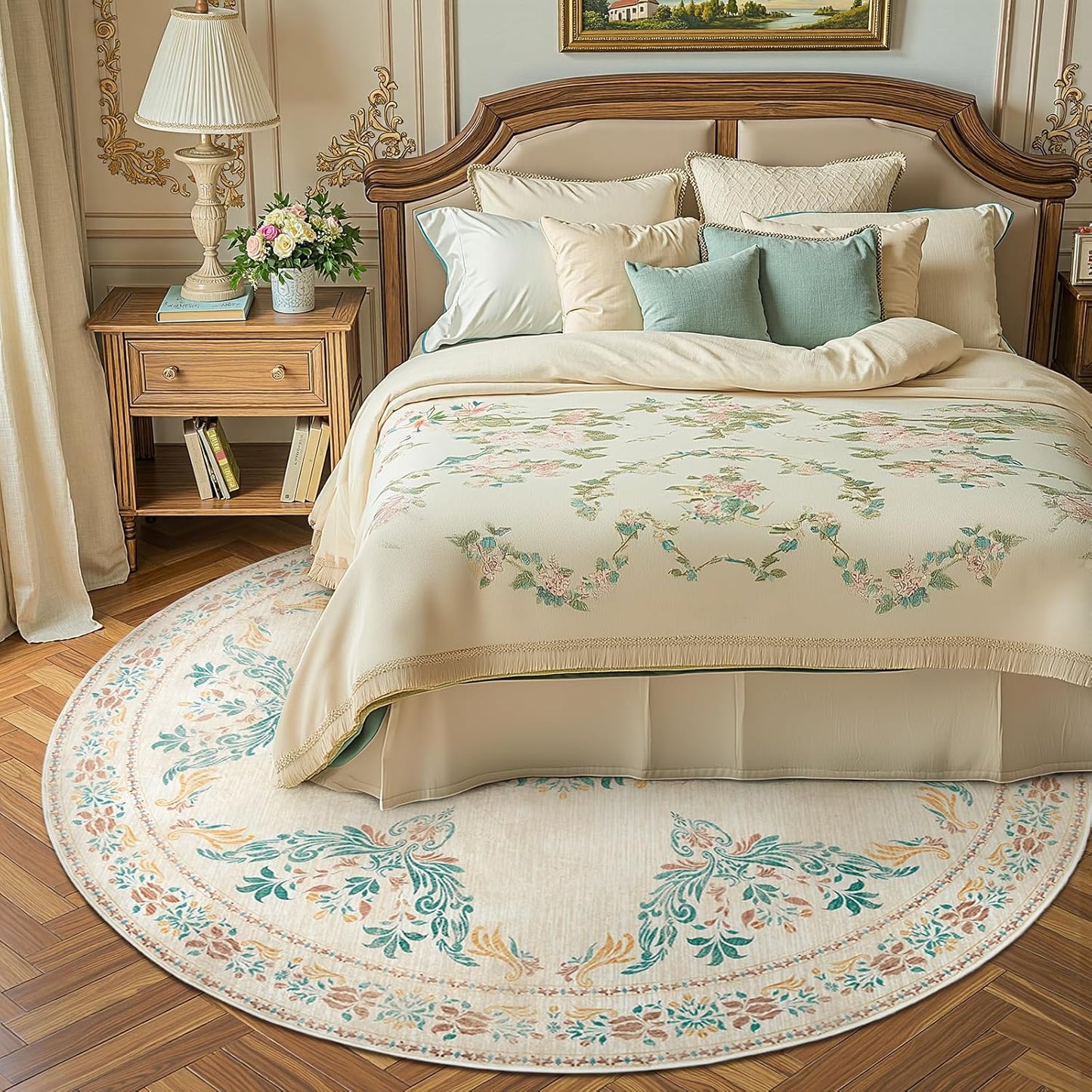 jinchan Round Rug 6ft Area Rugs Vintage Floral Distressed Design,Machine Washable Soft Non-Slip Low-Pile Ultra-Thin Circle Rug for Bedside Living Room Dining Room Bedroom (6' Round, Apricot Multi)