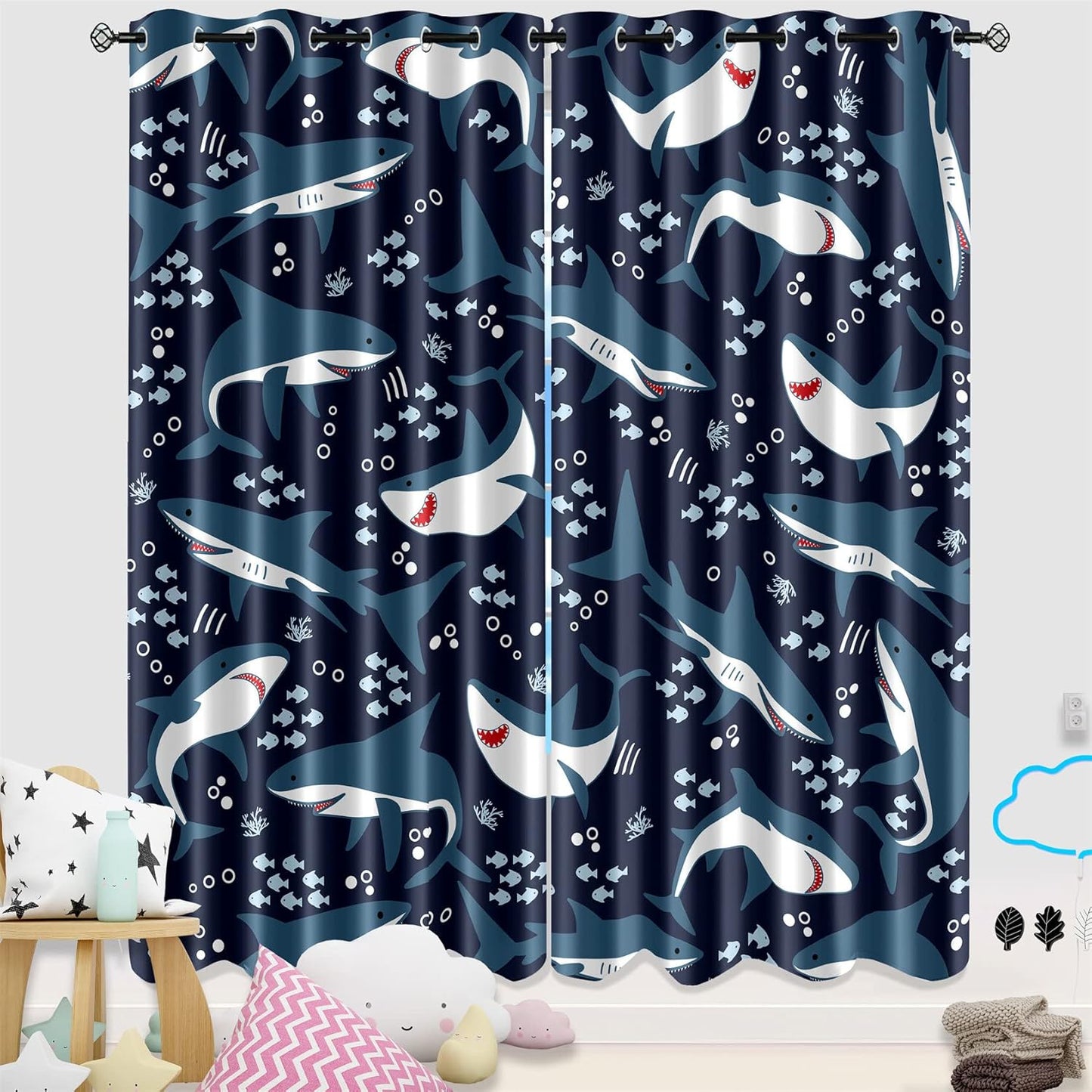 Cartoon Shark Blackout Curtain Panels Curtains Blue Curtains for Boys Bedroom Grommet Top Window Treatment 2 Panels Drapes Kids Room Decor Navy Blue Curtains 84 Inch Length, 82''x84''