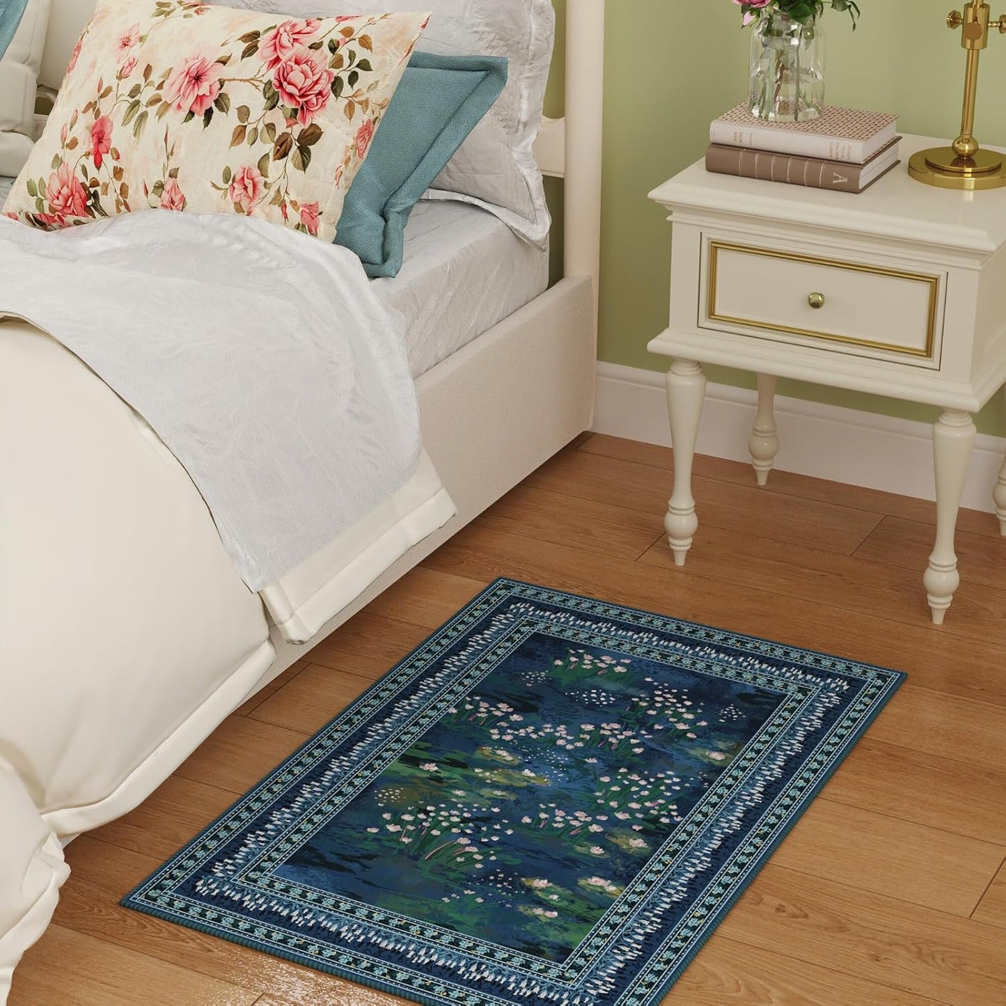 2x3 Rug Impressionist-Style Vintage Indoor Door Mat Machine Washable Small Area Rug Non-Slip Low Pile Throw Rugs for Entryway Kitchen Front Door Indoor Entrance Entry Kids Room, Blue