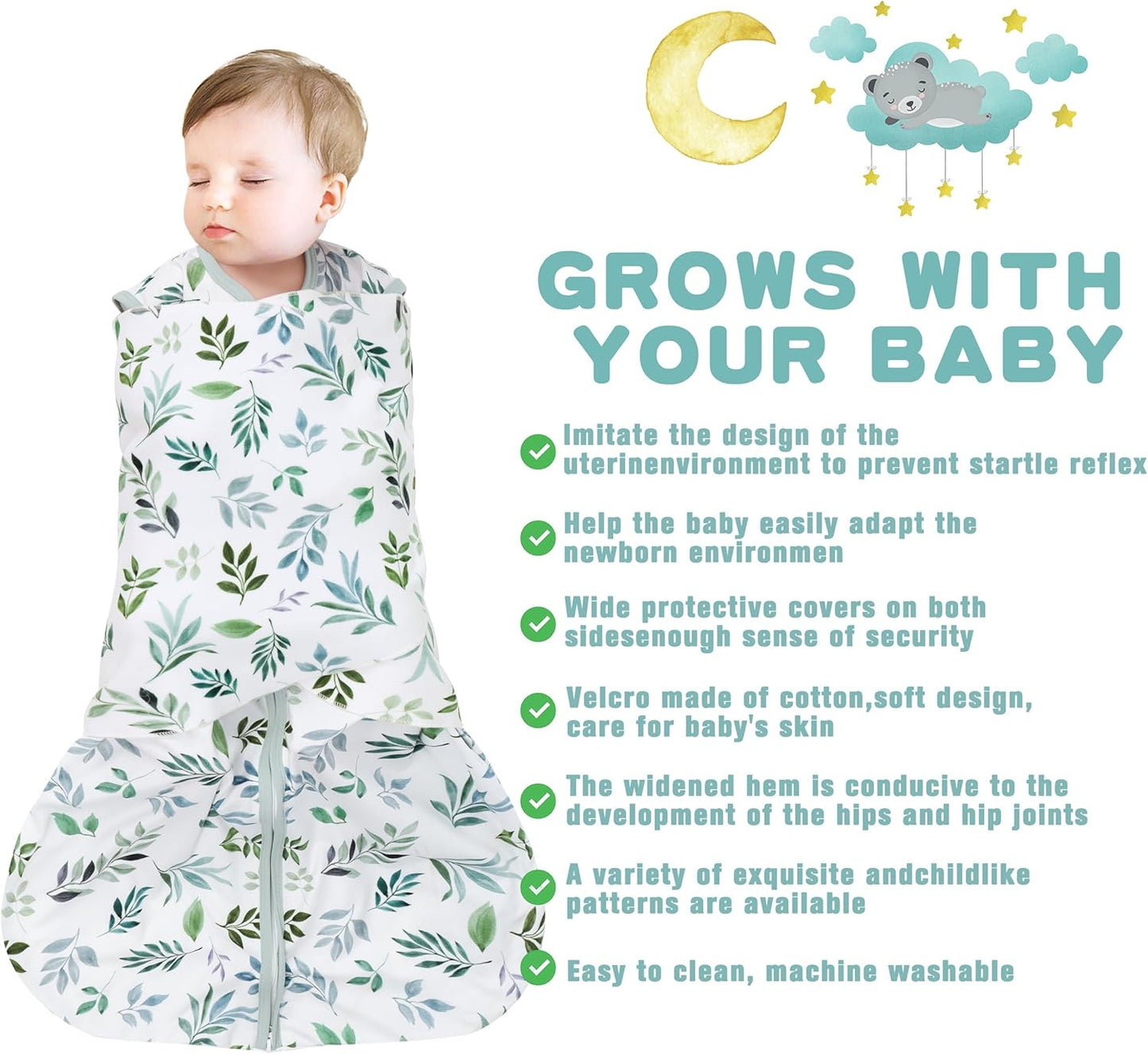 Newborn Sleep Sack Baby Swaddle,Swaddle me 0-3 Month,3-Way Adjustable Wearable Blanket,100% Rayon Cotton Swaddling Sleeping Bag，TOG 0.5 (Leaf, 0-3 Months)