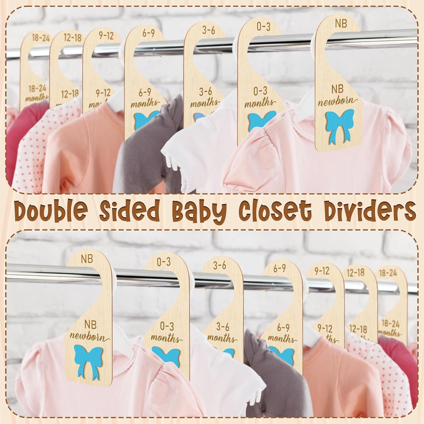R HORSE Wooden Baby Closet Dividers - 3D Coquette Blue Bow Baby Closet Organizer, 8Pcs Double-Sided Newborn Clothes Size Hanger Dividers, Nursery Decor Birthday Gift for Boy Girl (0-24 Months)
