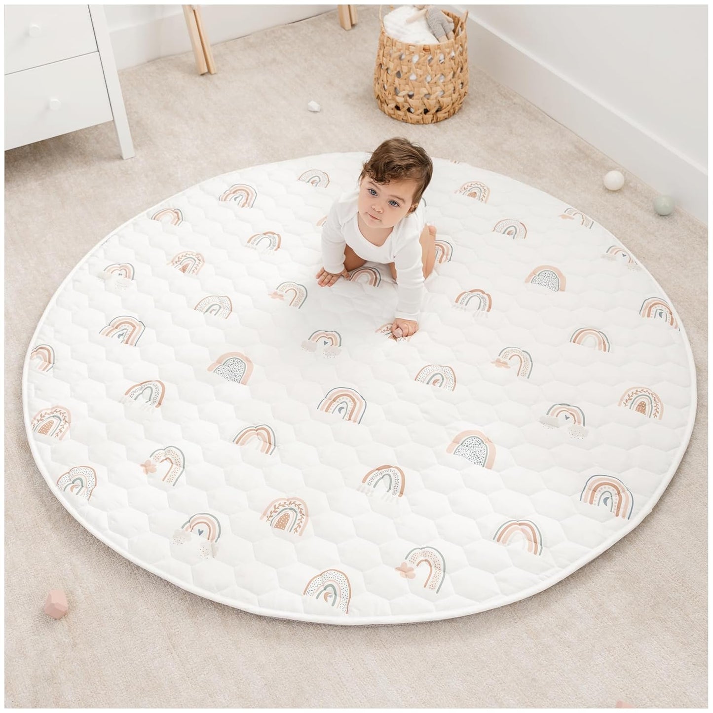 Comfy Cubs Round Kids Play Mat - Large 60 inches Soft Quilted Baby Floor Mat with Non-Slip Bottom - Plush Design for Toddlers' Playtime and Relaxation - Comfortable and Durable - Rainbow