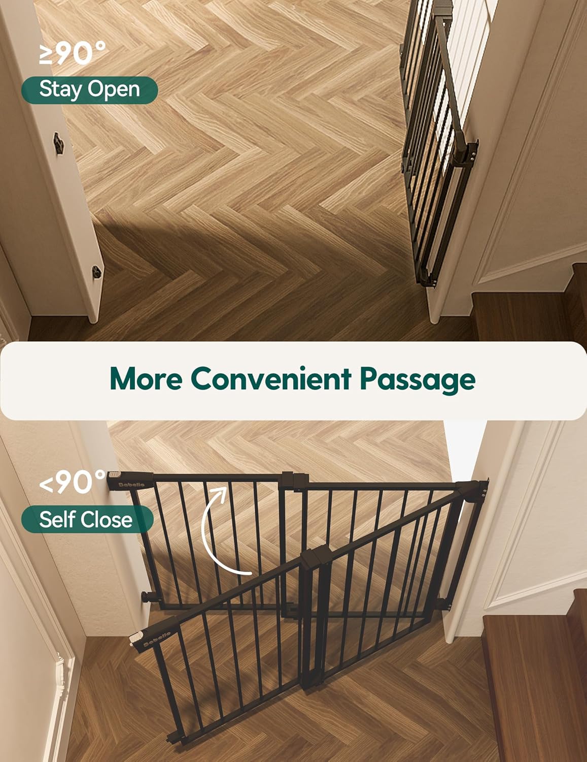 Babelio 34" Tall No Bottom Bar Baby/Dog Gate for Stairs, House and Doorways, 29.7-46.5" Auto Close Safety Pet Gates with Large Walk Thru Door, Hardware Mount, Black