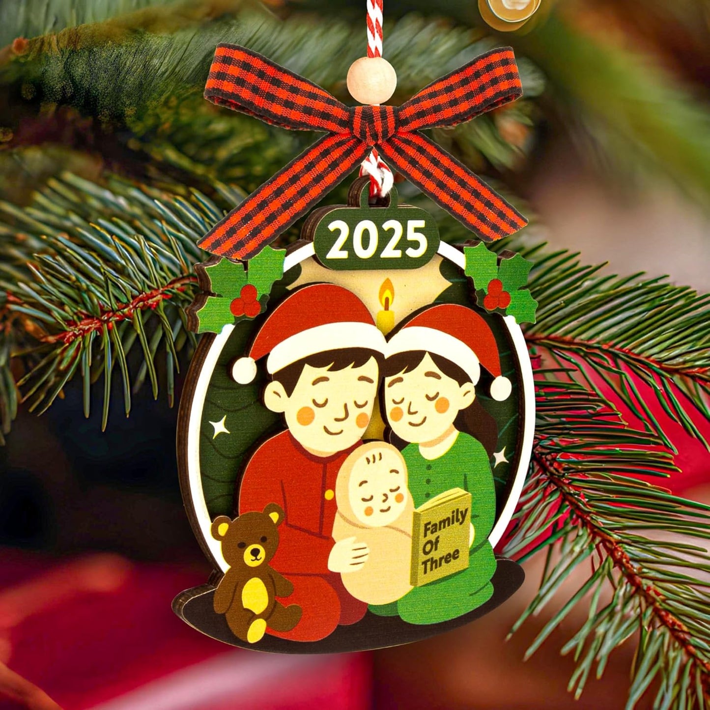 Family of 3 Christmas Ornaments 2025 - Our First Christmas As A Family of Three Ornament 2025, Unique Baby 1st Xmas Ornaments, New Parents Gifts for Mom Dad Xmas Tree Decorations