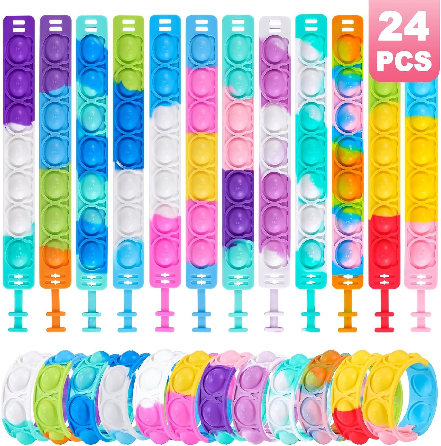 24 PCS Pop Bracelets Fidget Toys Bulk Its Bear Bracelet Kids Party Favors Fidget Toy Pack Fidgets for Classroom Prizes Birthday Goodie Bag Stuffers Sensory Toys for Girls Boys