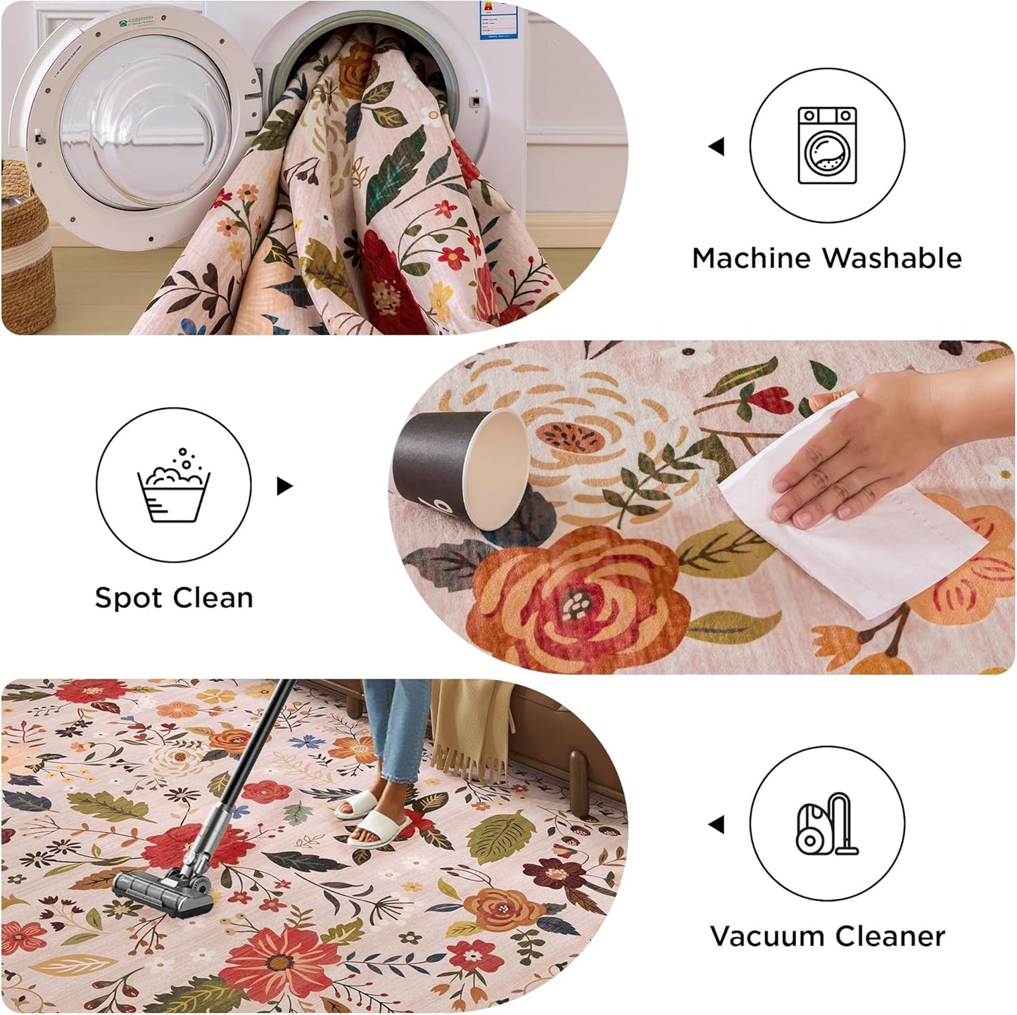 Rug Runners 2x6, Floral Washable Kitchen Rugs for Hallways Area Rugs, Non Slip Long Rug Low Pile Doormat Flower Carpet for Kitchen, Entryway Indoor, Bedroom, Bathroom, Laundry, Pink/Beige