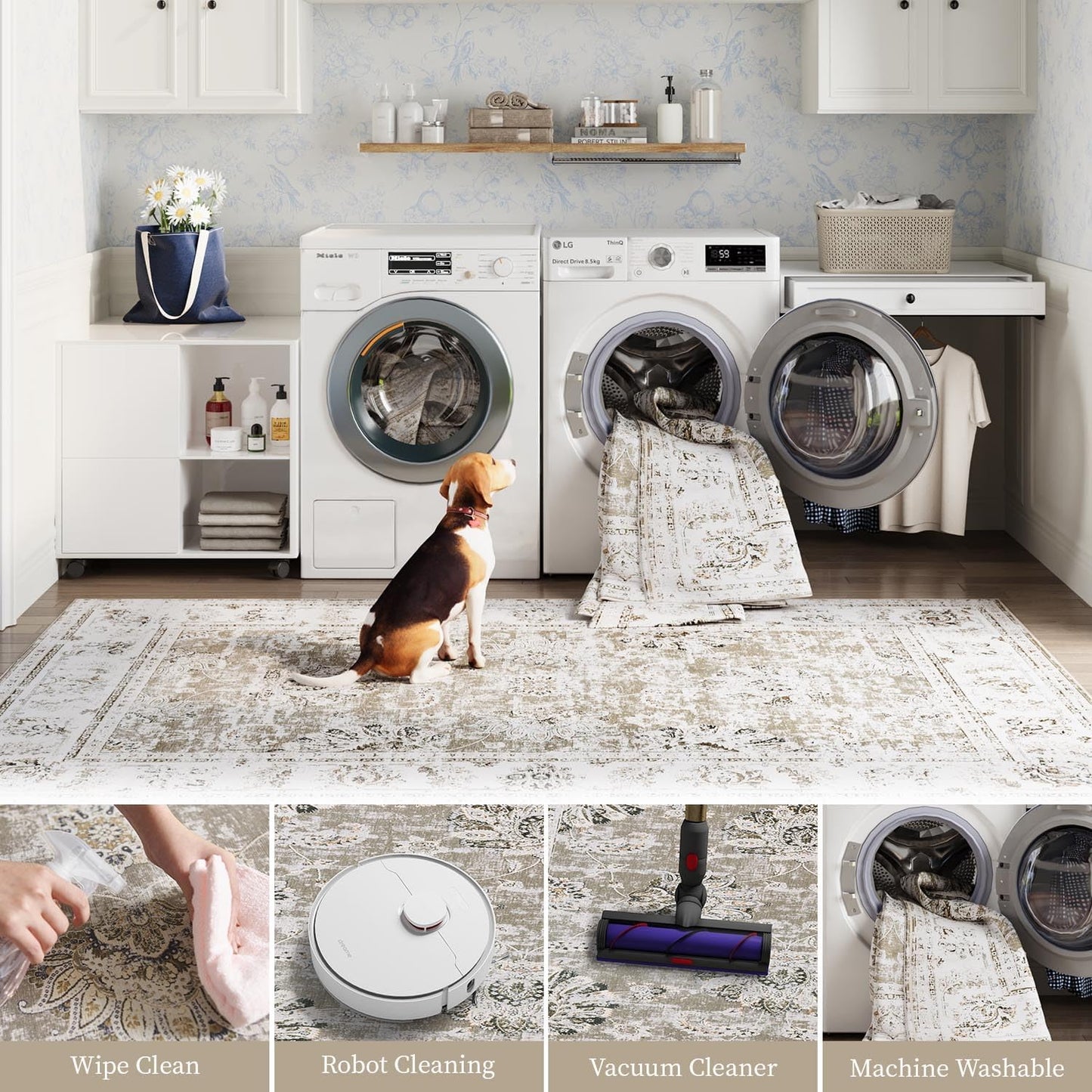 jinchan 6x9 Area Rugs for Living Room - Machine Washable Vintage Floral Distressed Design Stain Resistant Boho Carpet Ultra-Thin Low Pile Non-Slip Rug for Bedroom Dining Room Home Office (6‘x9',Taupe)